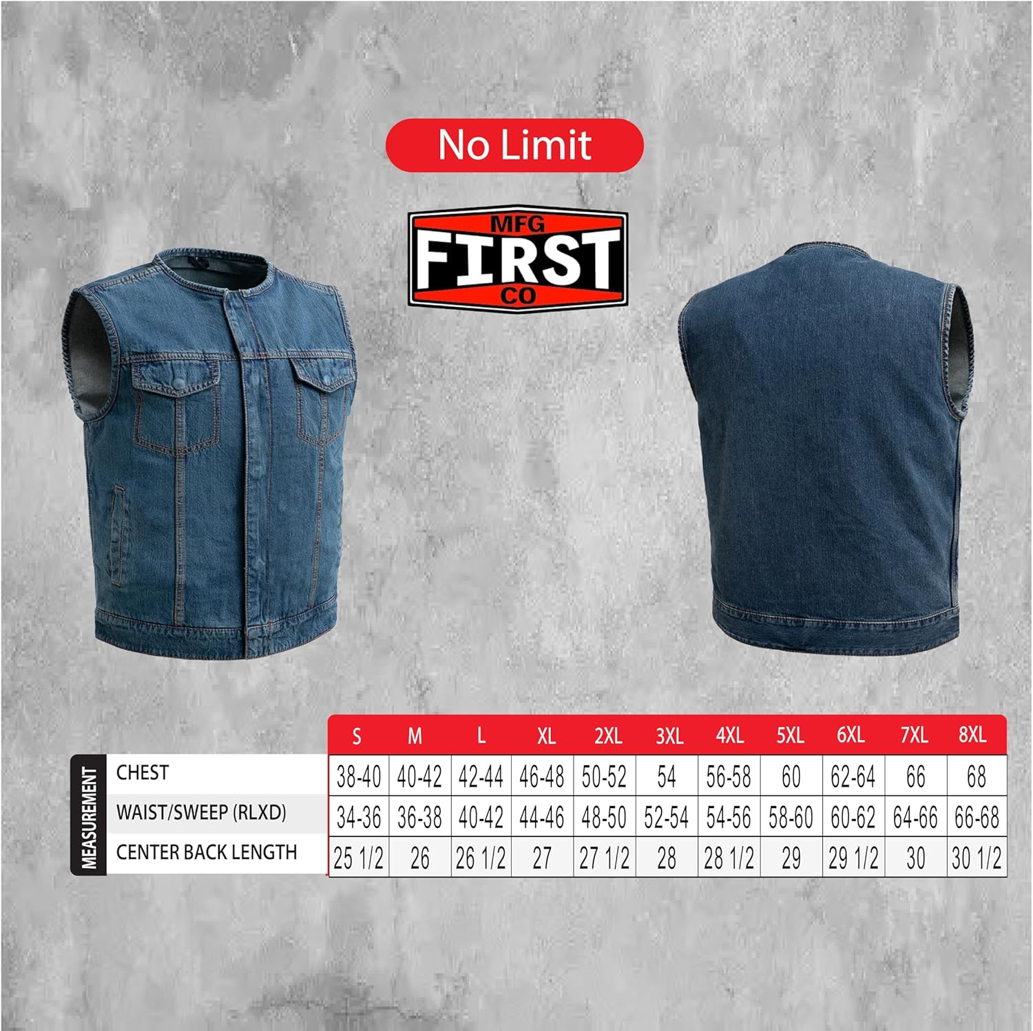 First Mfg Co – No Limit – Men’s Motorcycle Biker Riding Twill, Denim Vest