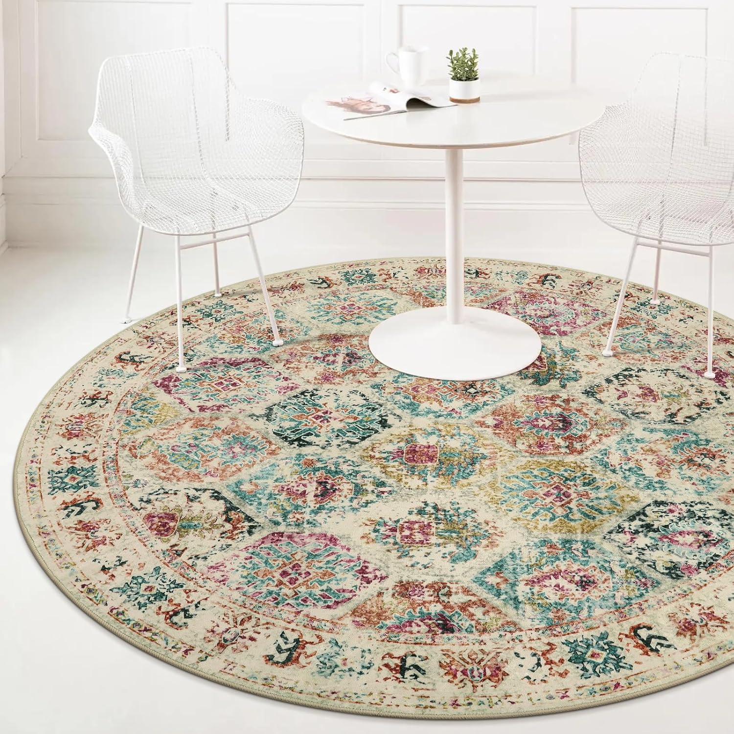 Lahome Alfombra redonda de 5 x 5 pies, lavable, para dormitorio, antideslizante, sala de estar, alfombra de área con estampado geométrico tribal de