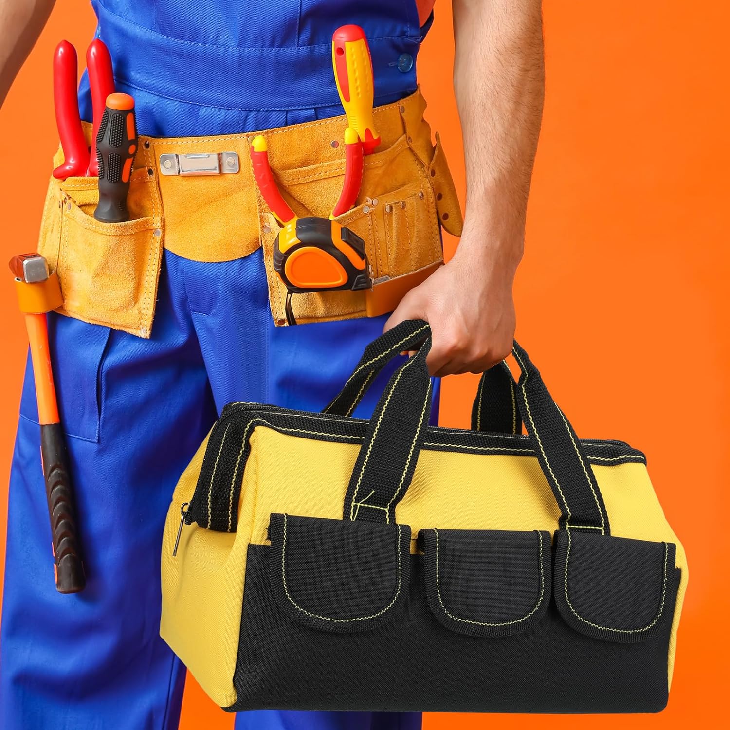 Cunno 12 bolsas de herramientas de 13 pulgadas a granel para hombres, resistentes, boca ancha, múltiples bolsillos, impermeables, parte inferior