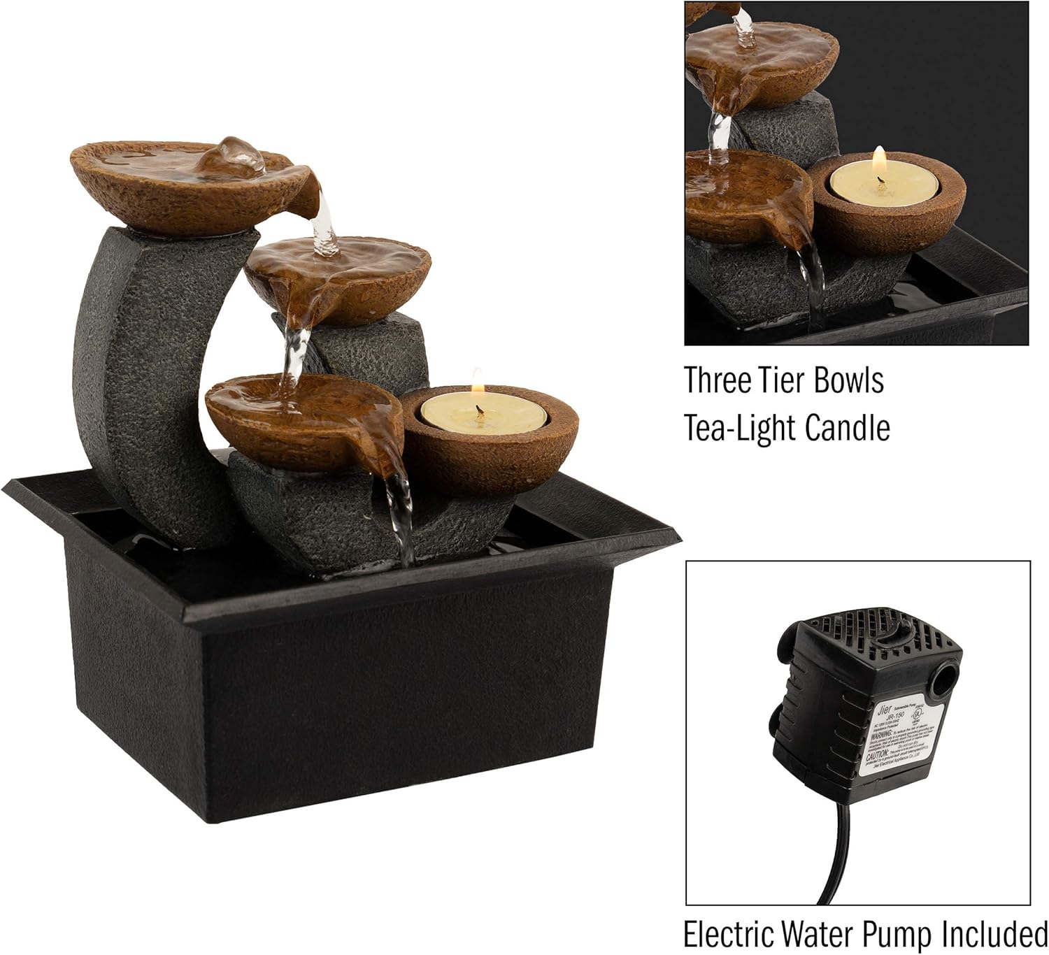 Pure Garden – Fuente de agua de mesa, cascada interior de 3 niveles y 7 pulgadas con portavelas, bomba eléctrica y sonidos relajantes para