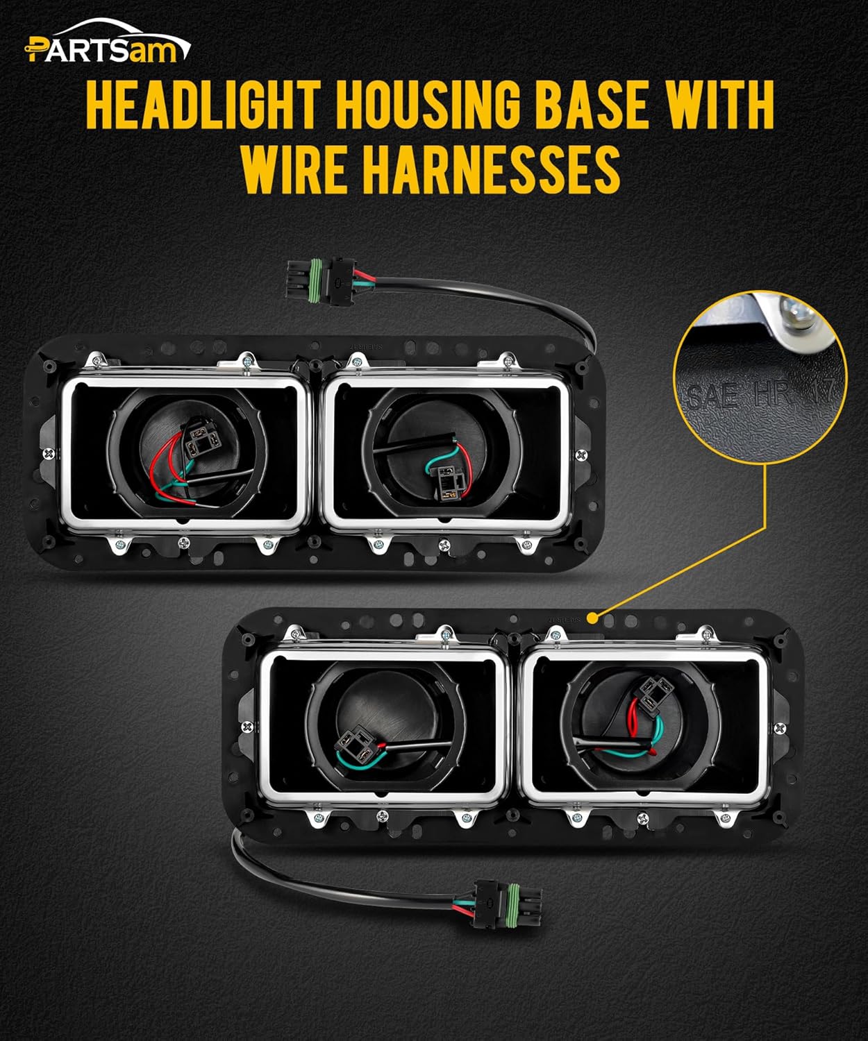 PARTSam Base de carcasa de faros delanteros con enchufes H4, arneses de cable, bisel de acero inoxidable de repuesto para Kenworth T600 T800 W900,
