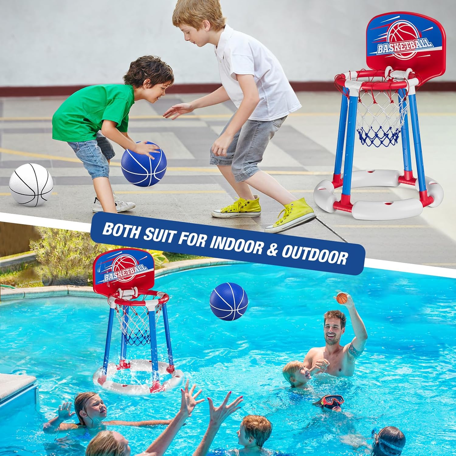HYES Aro de baloncesto para piscina junto a la piscina con tablero, juguetes flotantes para piscina con 4 pelotas de baloncesto4 globos de