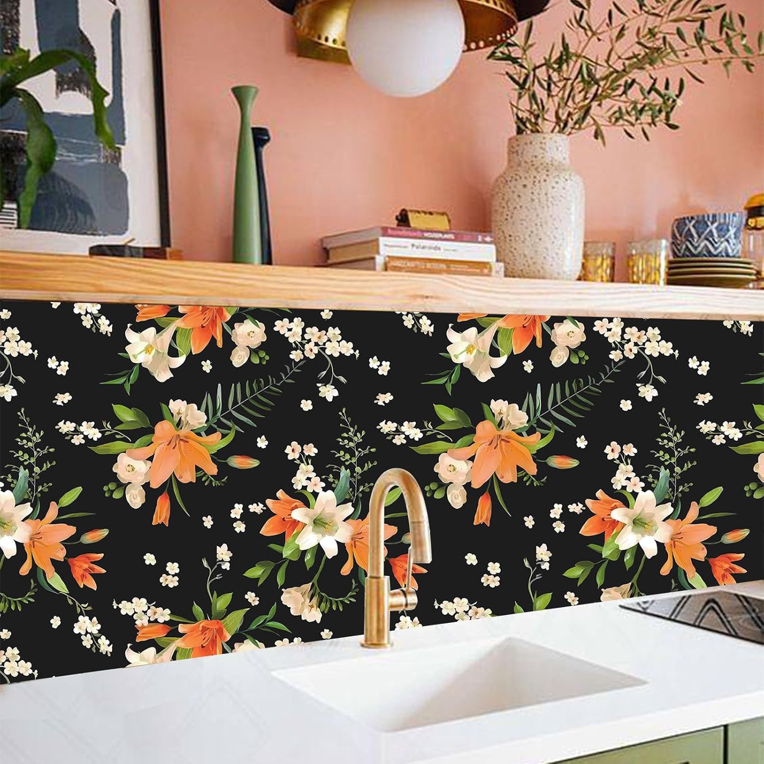 Papel tapiz autoadhesivo con diseño floral negro para dormitorio, baño, extraíble, encimera, gabinete, decoración del hogar, papel tapiz de vinilo