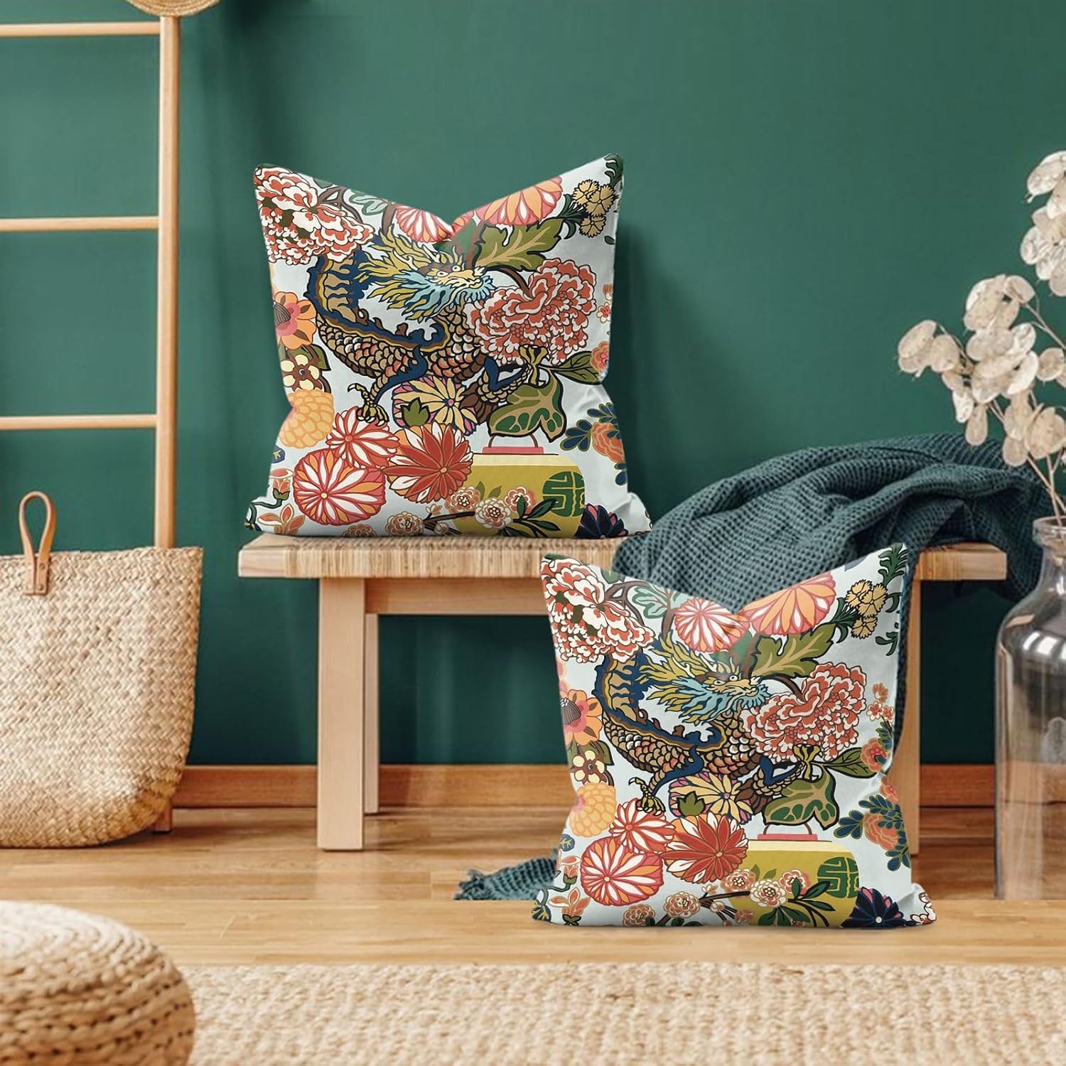 WWH Chinoiserie – Juego de 2 fundas de almohada de dragón de 18 x 18 pulgadas, fundas de almohada decorativas para sofá, sala de estar, cama, fundas