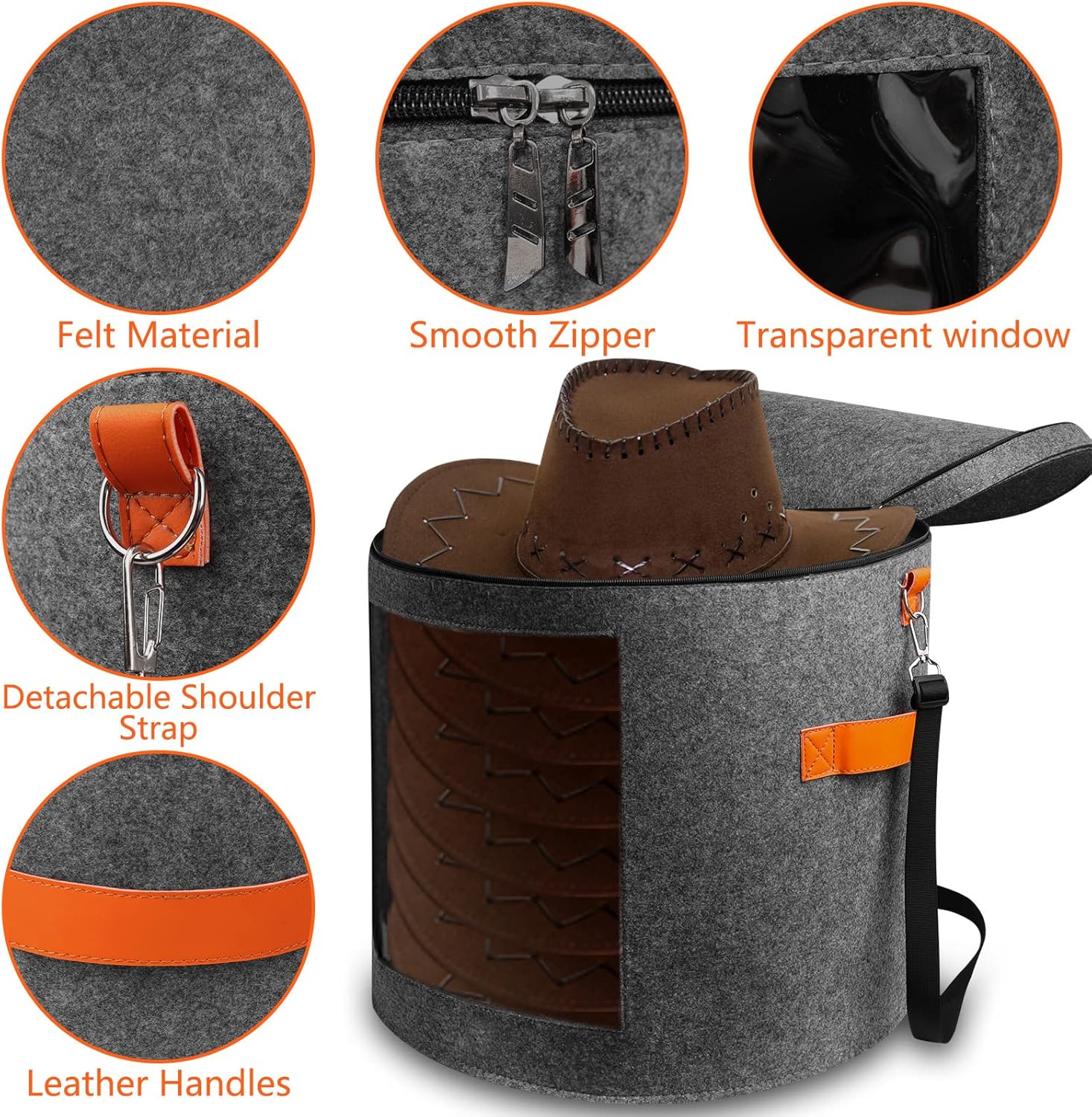 kushon Oversized Hat Storage Box for Women & Men19″ D x 17″ H Cowboy Hat Boxes with 1 Wood Hook Felt travel Round Hat Organizer Box with Dustproof
