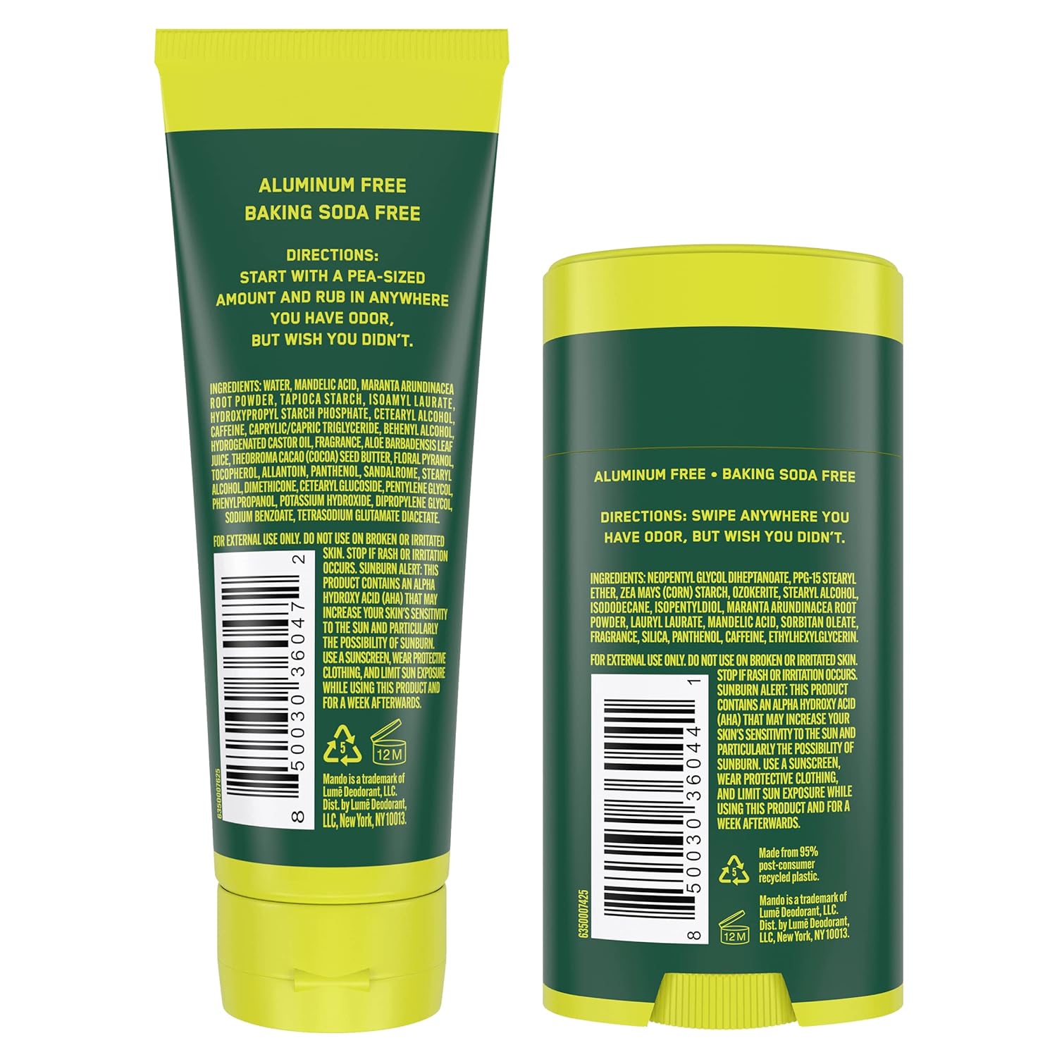 Mando Desodorante para todo el cuerpo, tubo de crema invisible y barra sólida, control de olores de 72 horas, sin aluminio, sin bicarbonato de