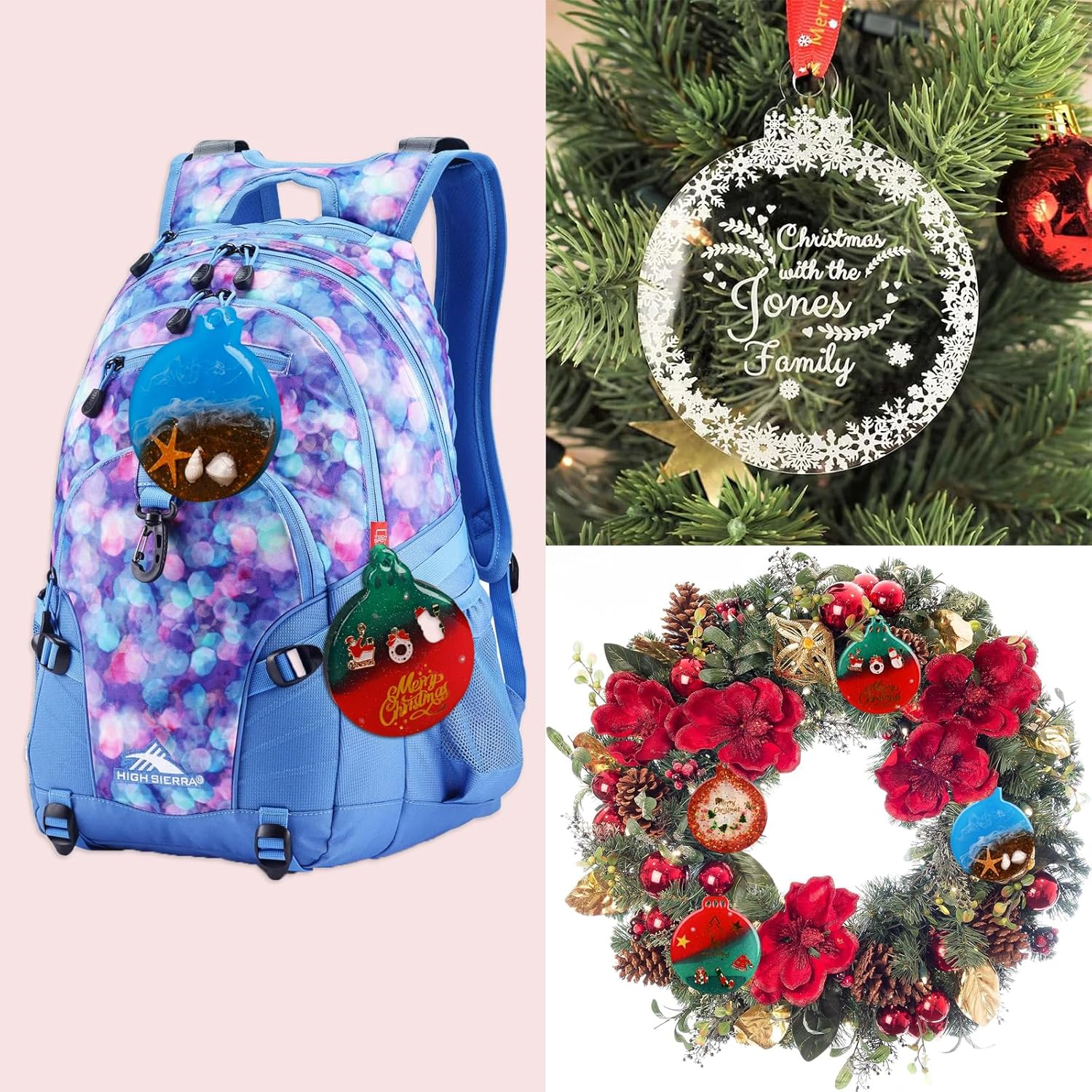 Paquete de 8 moldes de resina de Navidad, 2 estilos redondos de silicona para colgantes, moldes de adornos de Navidad para fundición de resina