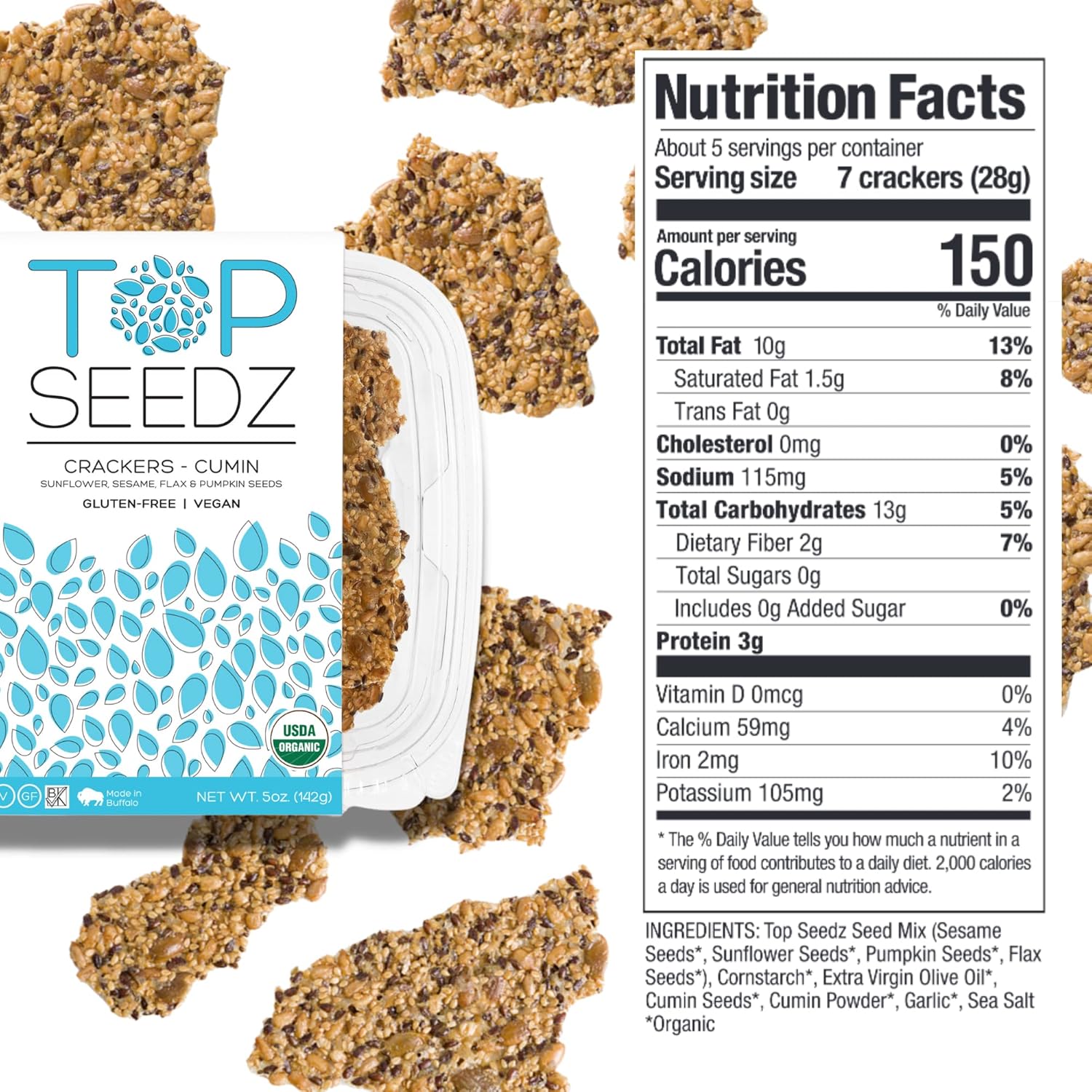 Top Seedz Galletas de semillas de comino orgánicas certificadas sin gluten, paquete de 2, 5 onzas, galletas veganas saludables con proteína a base