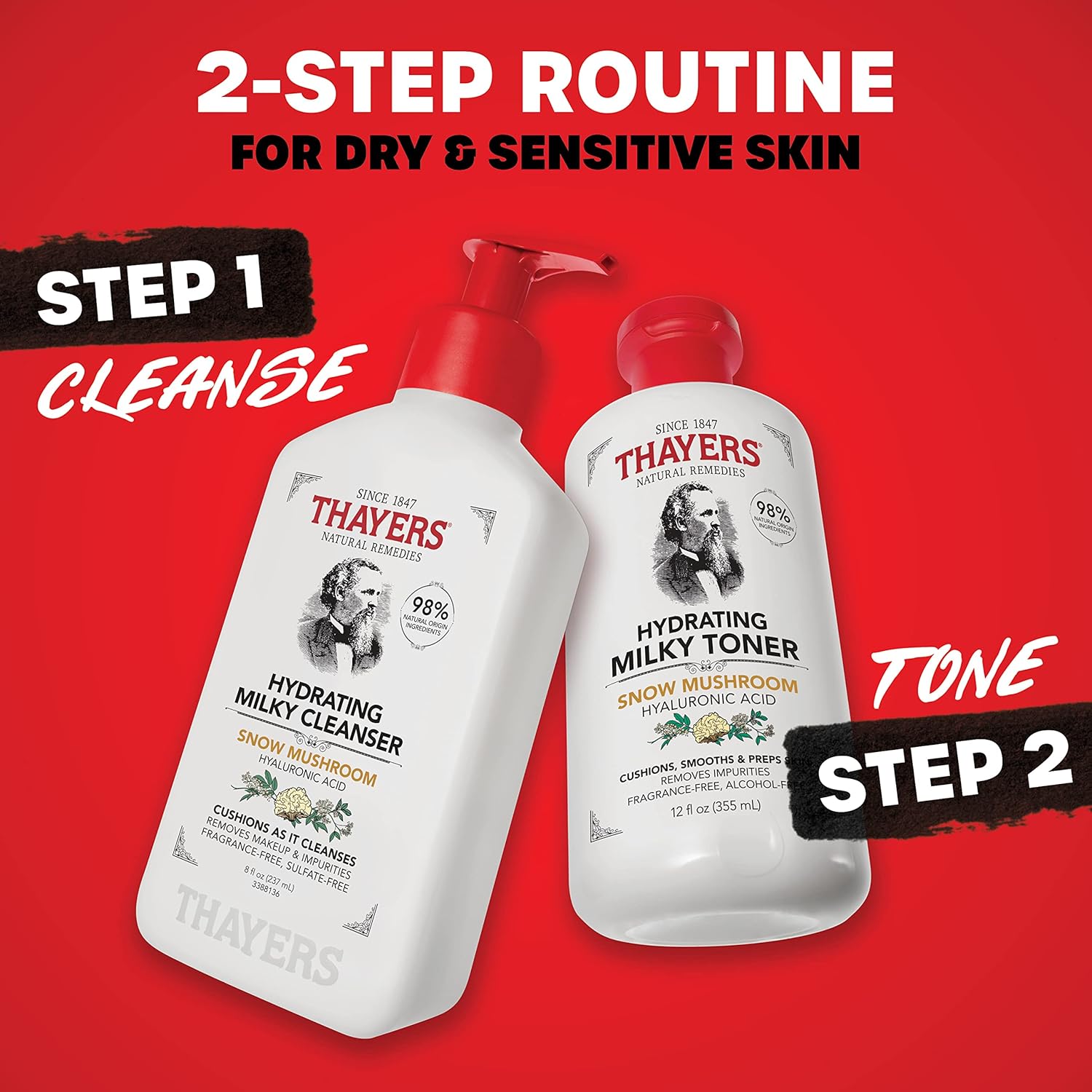 THAYERS Tónico facial lechoso con hongo de nieve y ácido hialurónico, tónico facial suave natural, recomendado por dermatólogos, para piel seca y