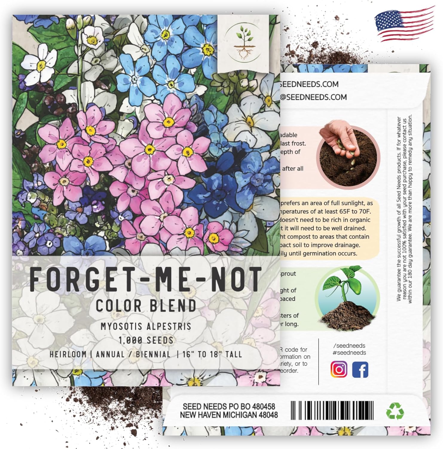 Seed Needs, Mixed Forget Me Not Seeds – 1000 semillas tradicionales para plantar Myosotis alpestris – Flores rosadas, azules y blancas, polinizadas