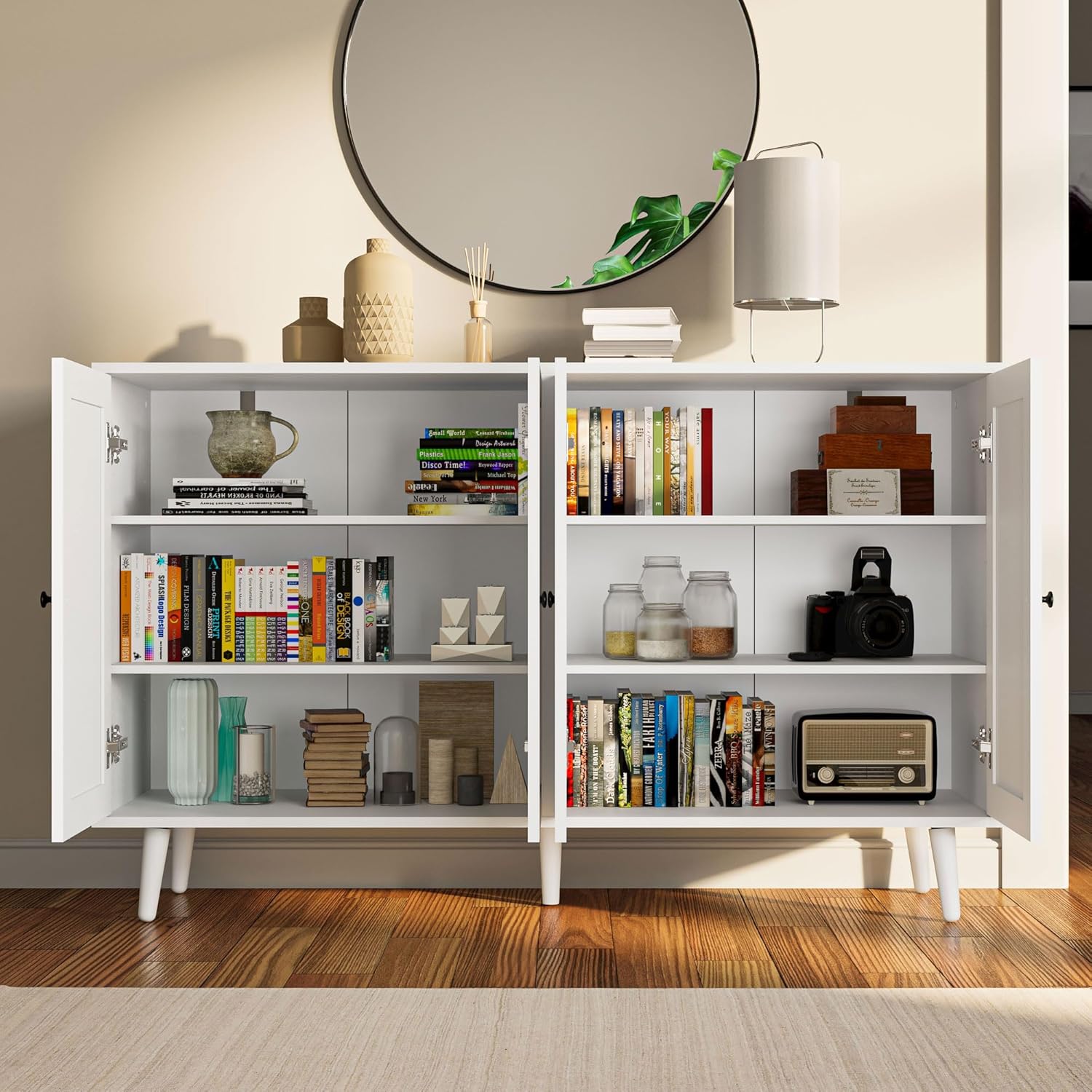 Cozy Castle Gabinete de buffet de ratán blanco con almacenamiento, aparador con 4 puertas de ratán, armario de almacenamiento para sala de estar,