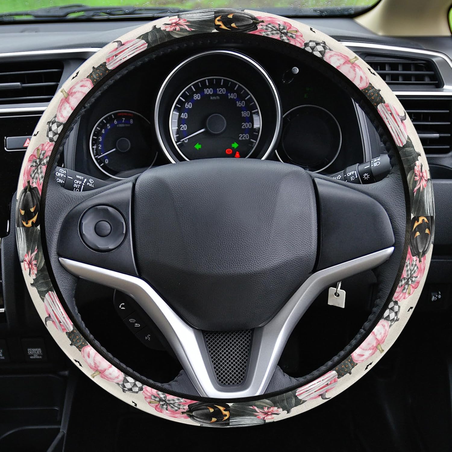Car Steering Wheel Cover, Pink Striped Pumpkin Halloween Elastic Stretch Sponge Steering Wheels Protective Cover for Vehicles Trucks SUVs Universal