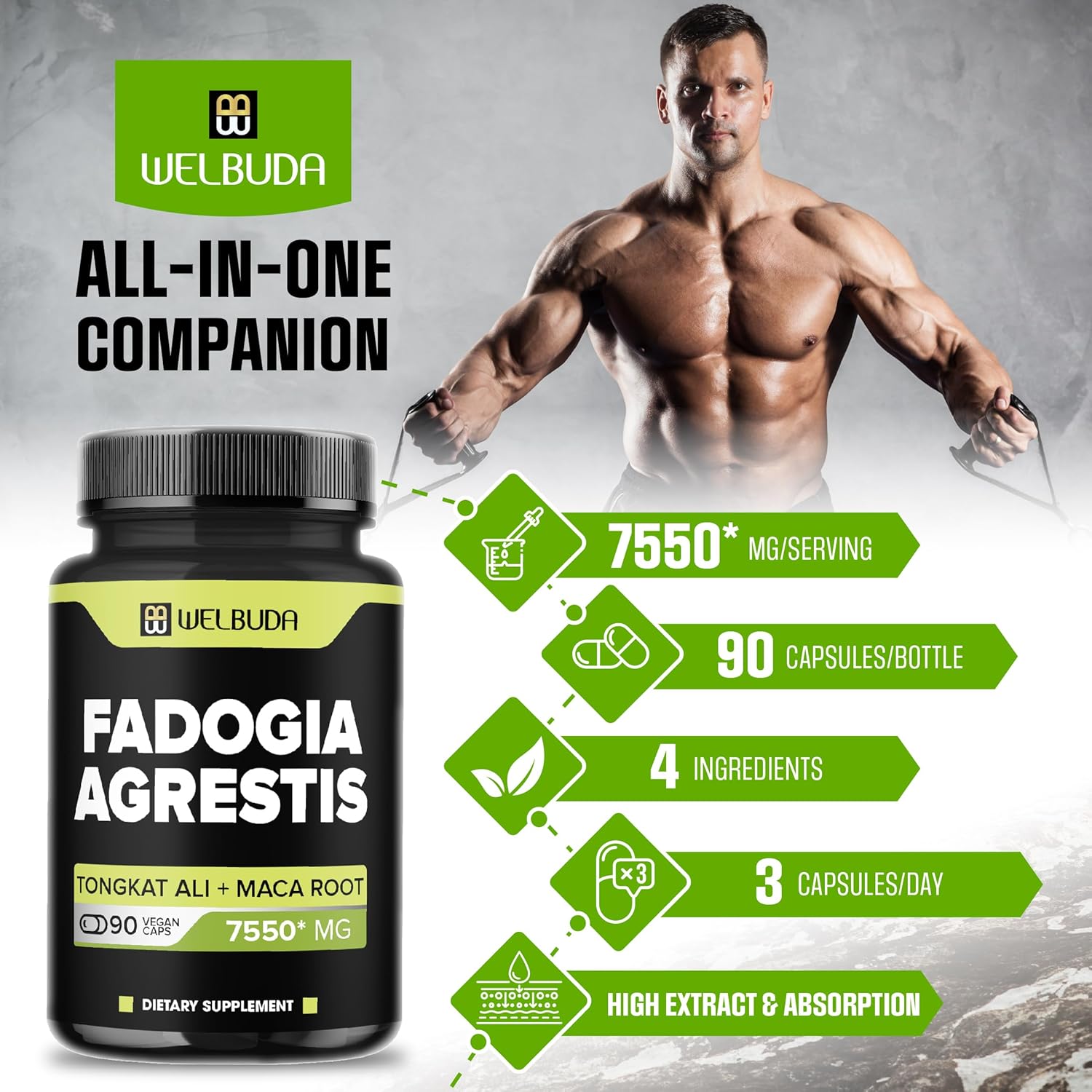 WELBUDA 4 en 1 Fadogia Agrestis Suplemento 7550mg  90 cápsulas  Extra fuerte con Tongkat Ali, raíz de maca y pimienta negra  Apoyo para la