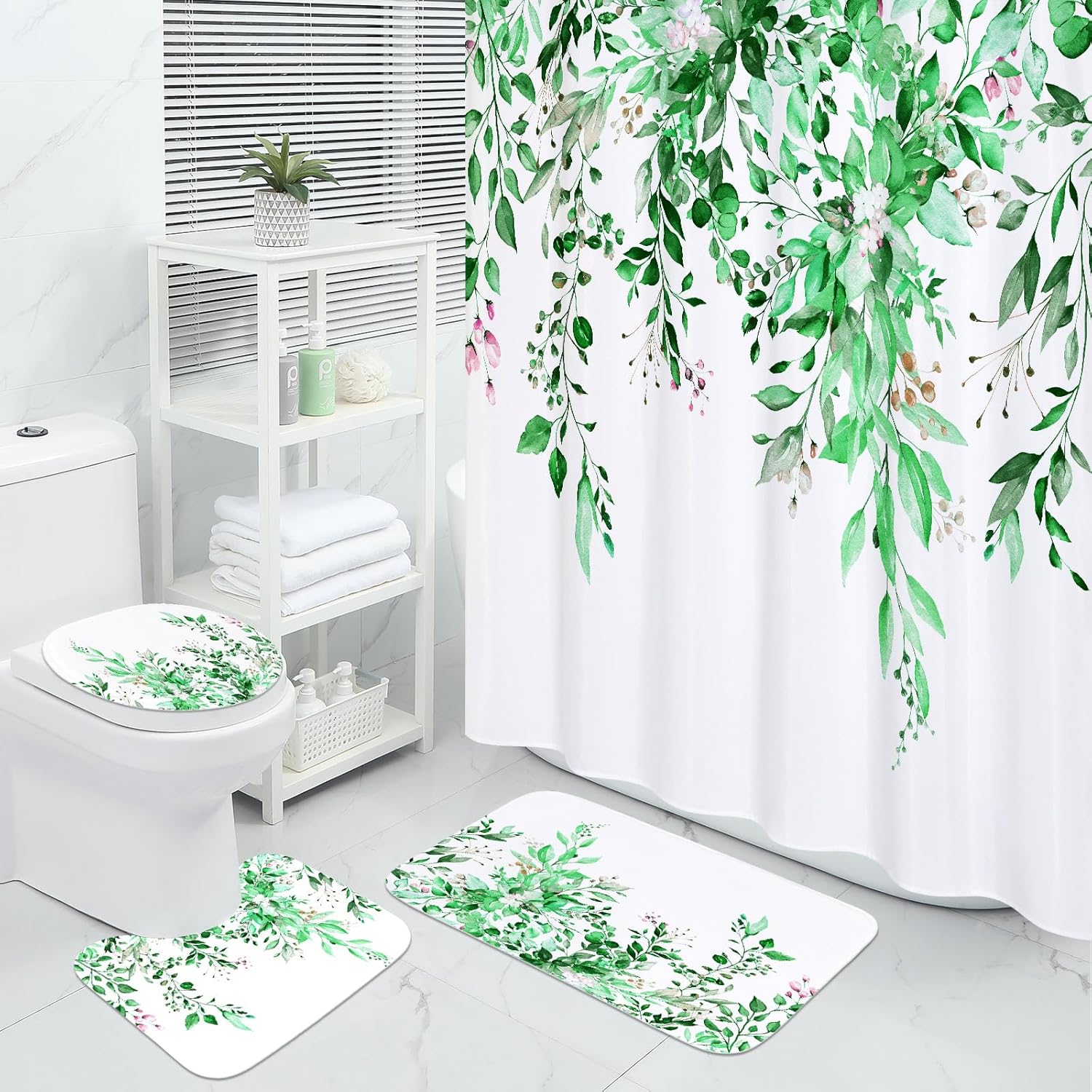 MitoVilla Juego de 4 piezas de baño de eucalipto verde esmeralda con cortina de ducha y alfombras, juegos de cortinas de ducha florales con