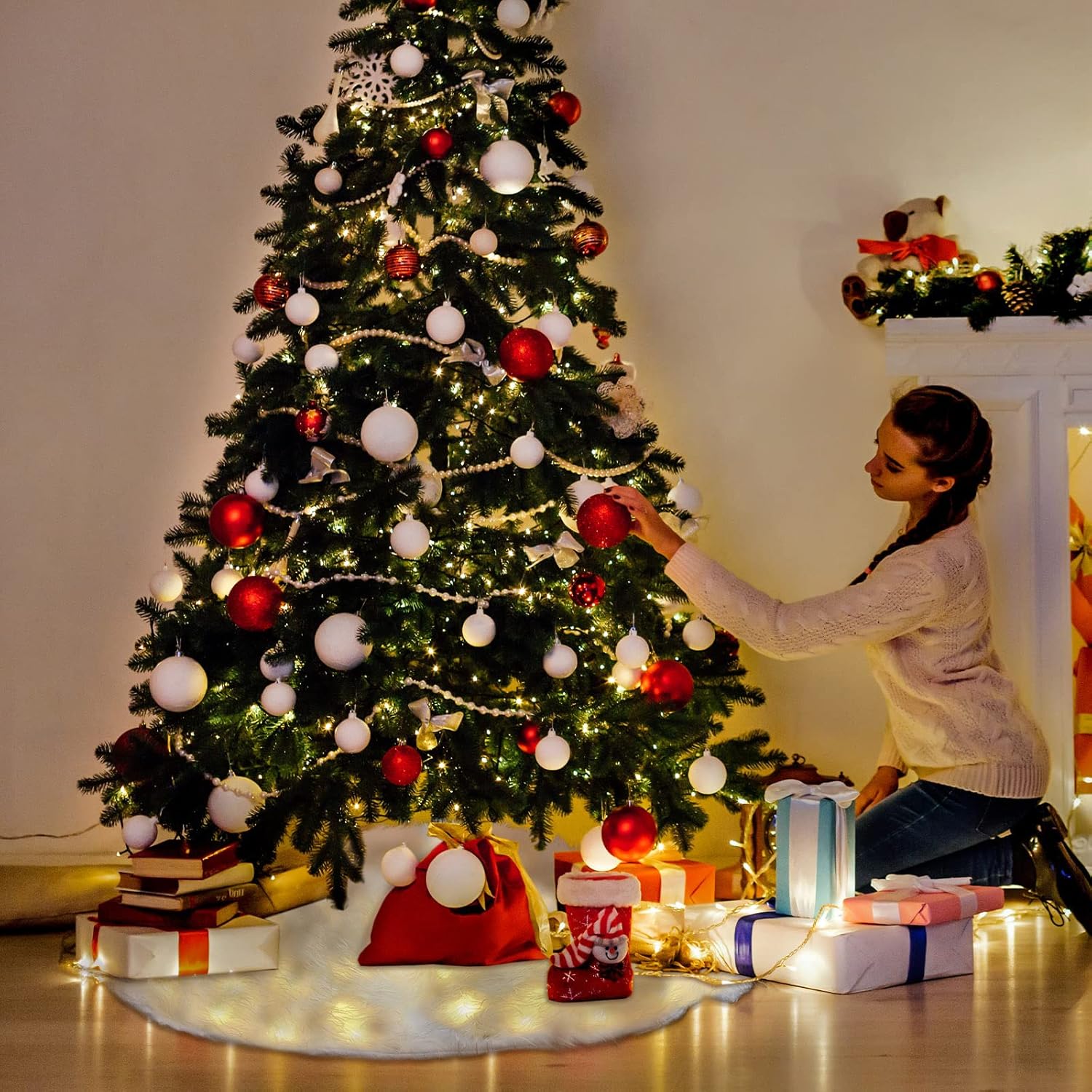 Falda de árbol de Navidad con luz LED, falda de árbol de piel sintética de felpa blanca iluminada, manta de nieve de Navidad para decoración de
