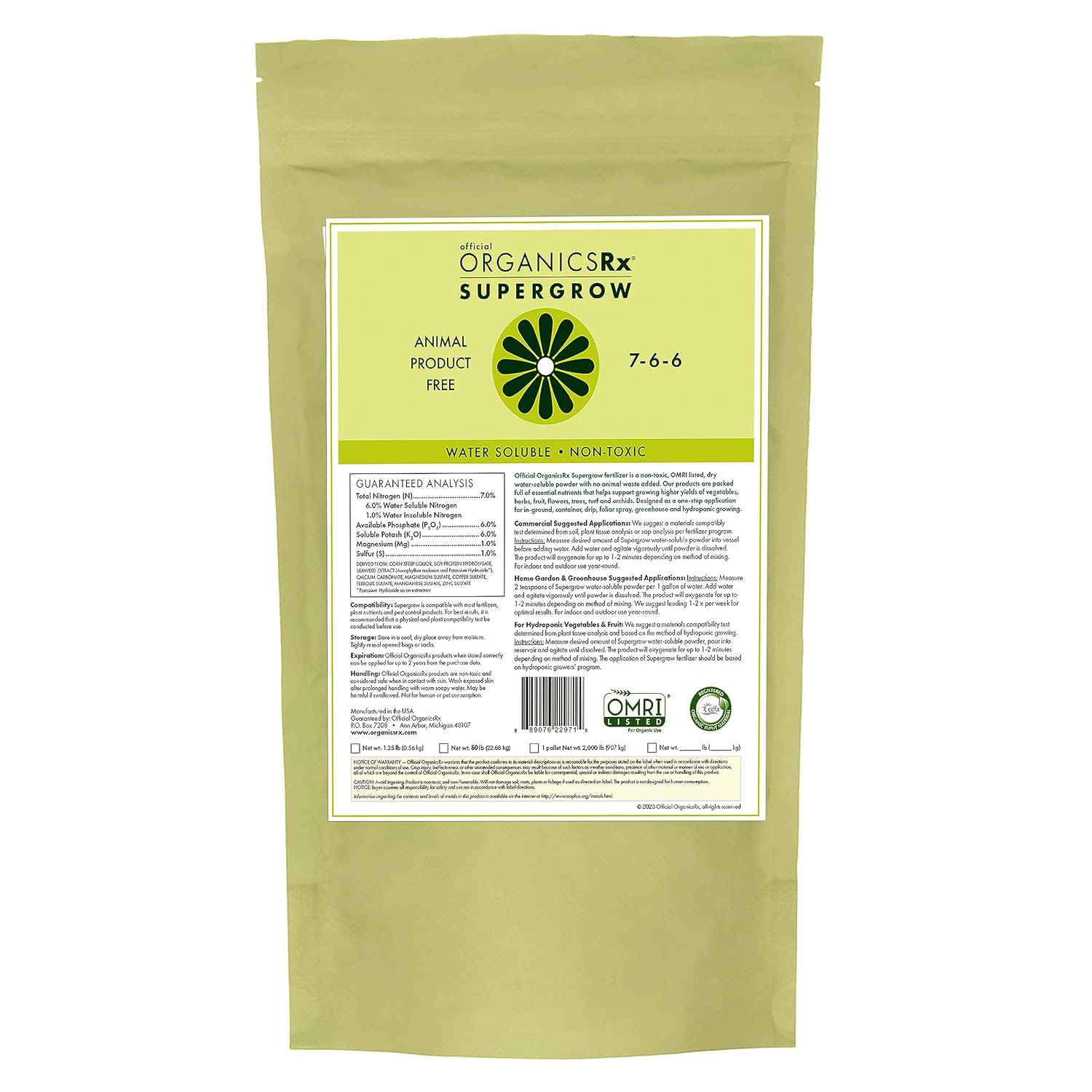 Supergrow Fertilizante en polvo para plantasjardinería, bolsa de 1.25 libras (1.25 libras)