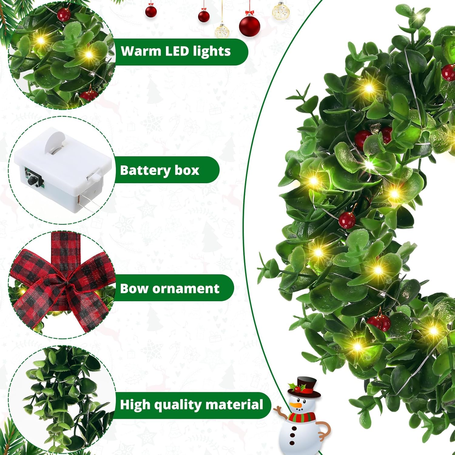12 coronas de boj con lazo, corona de Navidad con luces LED, corona de Navidad sintética con bayas rojas, corona colgante artificial para decoración