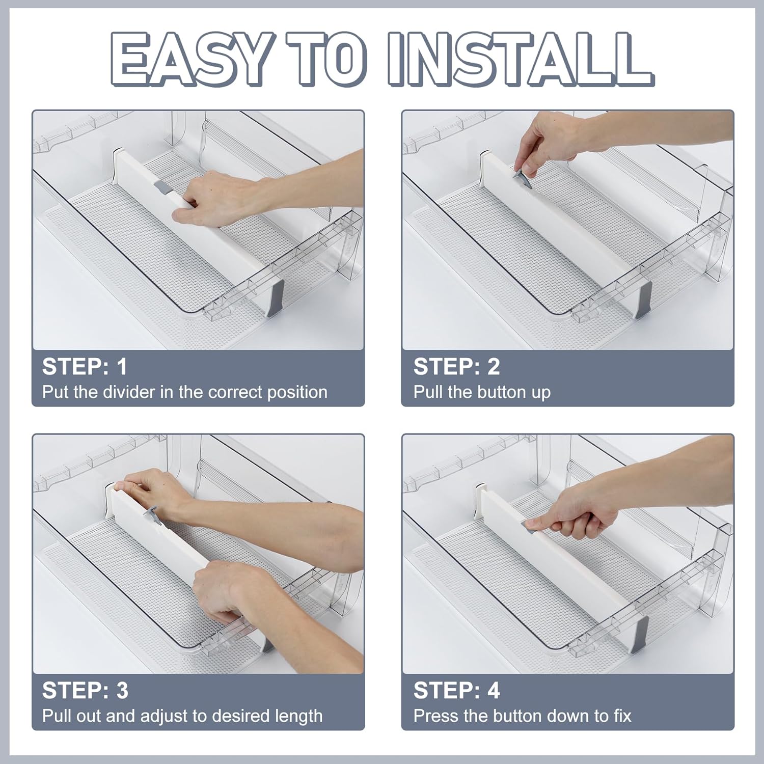 Organizador de separadores de refrigerador, paquete de 4 unidades, divisor de cajón ajustable de 4 pulgadas de alto, separadores expandibles,