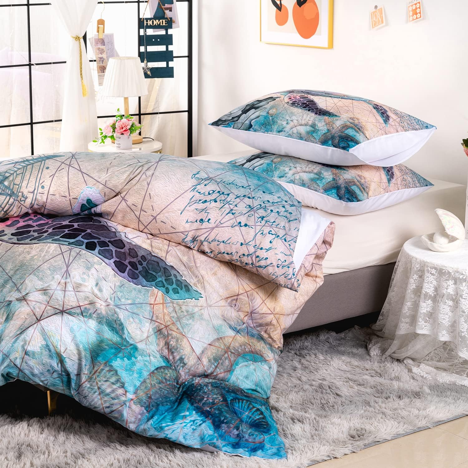 CVHOUSE Funda de edredón de tortuga marina tamaño Queen, juego de ropa de cama de tortuga marina del océano para niños y adolescentes, funda de