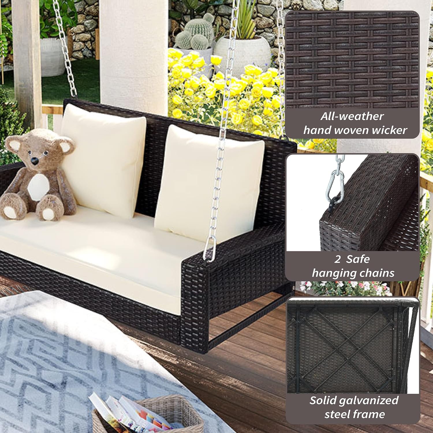 Silla columpio para patio al aire libre para 2 personas con cadenas de acero, sofá biplaza colgante tejido de ratán al aire libre con cojín y