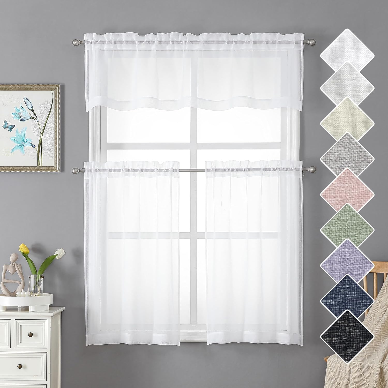 Lecloud Doris – Cortinas traslúcidas blancas de 36 pulgadas, 2 piezas, cortinas clásicas de lino sintético transpirable para sala de estar, cortinas