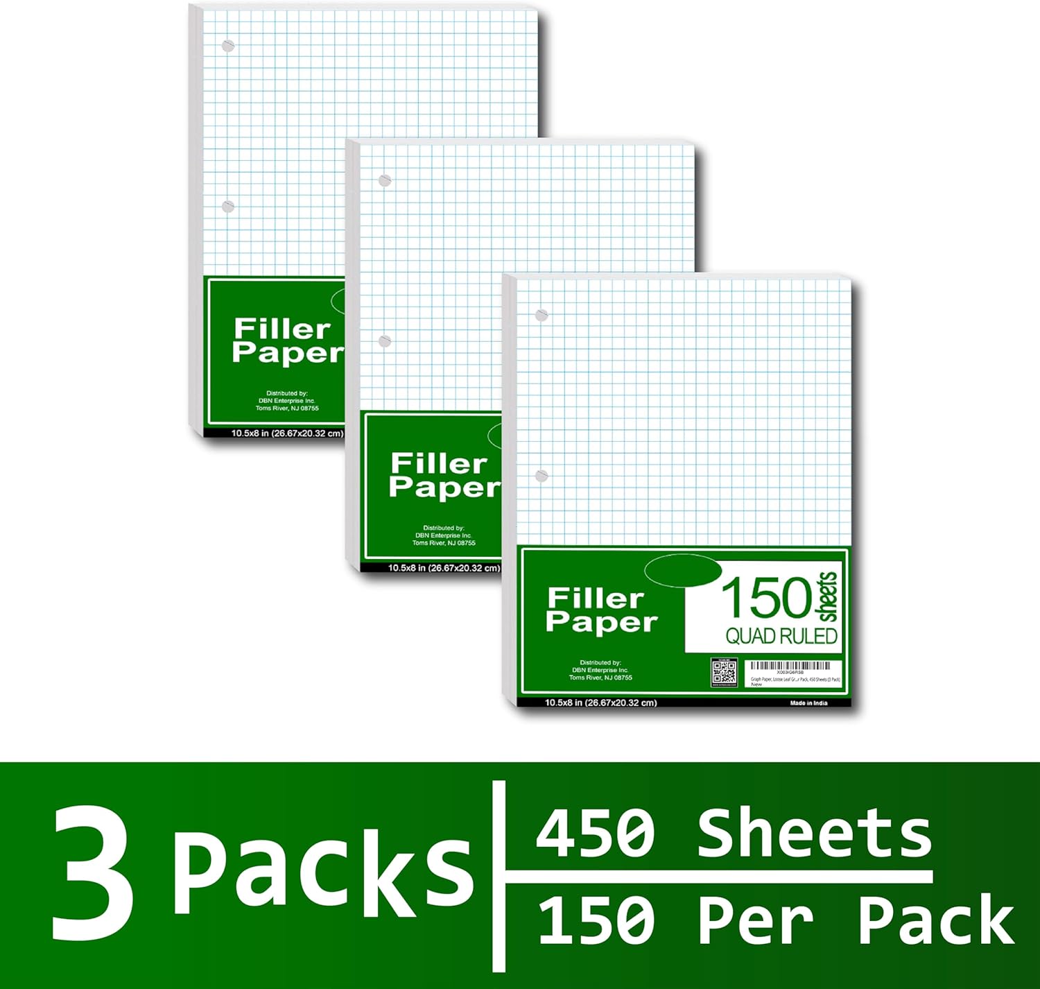 Papel de hojas sueltas, papel de relleno con rayas cuádruples  450 hojas, 150 hojas en cada caso  3 agujeros perforados, 10-12 x 8 pulgadas,