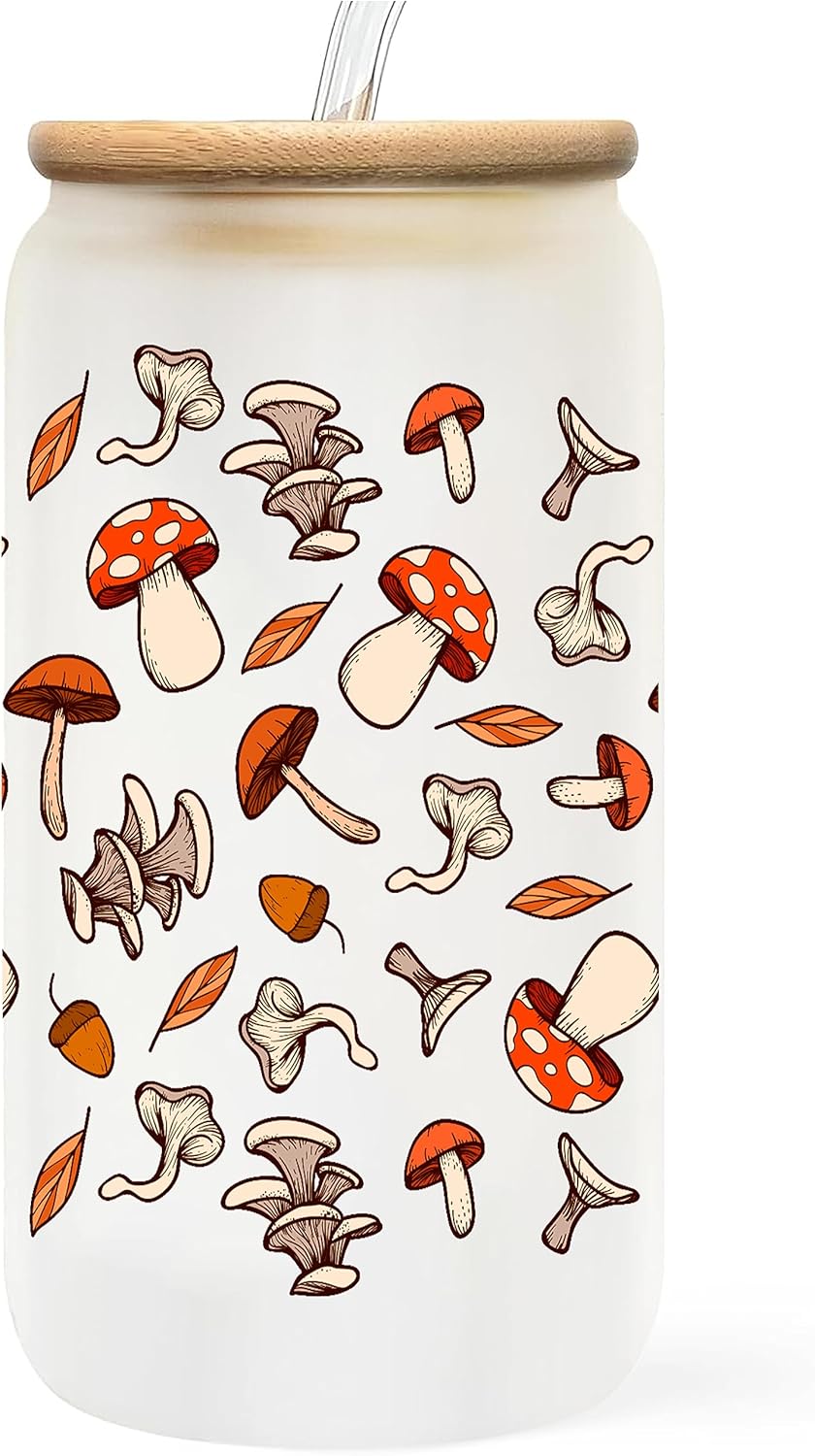 Heulinwen Taza de vidrio retro de hongos con hojas de otoño, lata de café helado de 16 onzas con tapa de bambú y pajita, taza de té de vidrio con