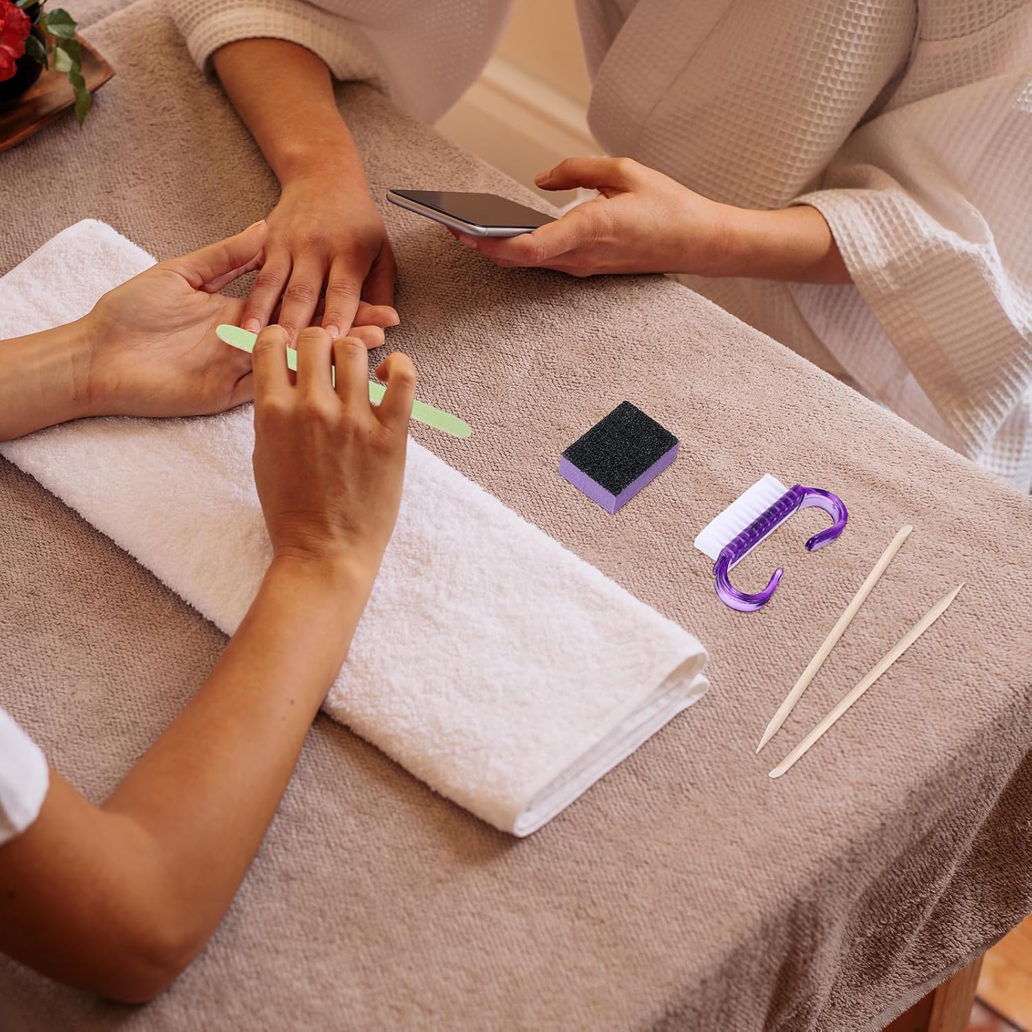Juego de 100 juegos de manicura desechable profesional, básico de 4 piezas, lima de uñas de madera, grano 100180, mini amortiguador de grano 80100,