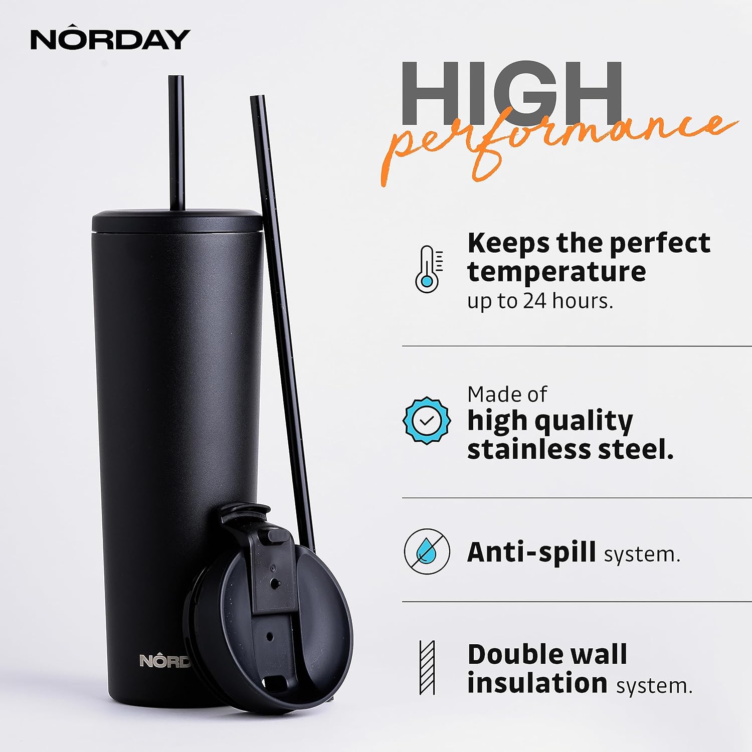 NORDAY Vaso con tapa y popote  Bloom 30oz  Vaso aislado negro  Vaso de acero inoxidable  Taza de café de doble pared  Mantiene la temperatura