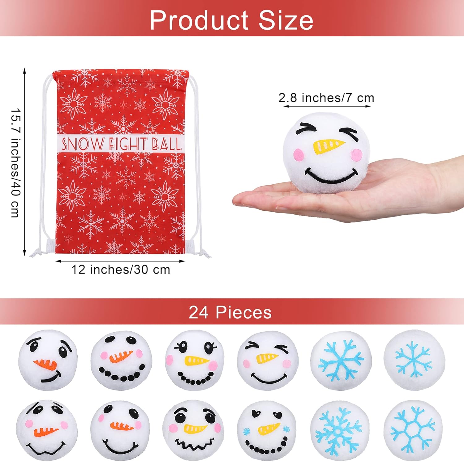 ELCOHO Paquete de 24 bolas de juguete de nieve de 2.8 pulgadas para niños, bolas de muñecos de nieve de felpa, bolas artificiales falsas con bolsa
