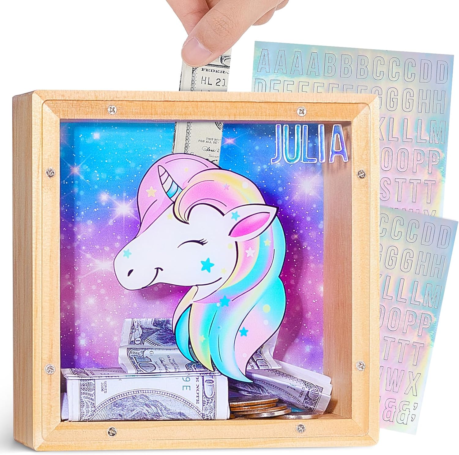 Hedgeink – Hucha para niñas, alcancía de unicornio para dinero, con calcomanías del alfabeto (fucsia azul)