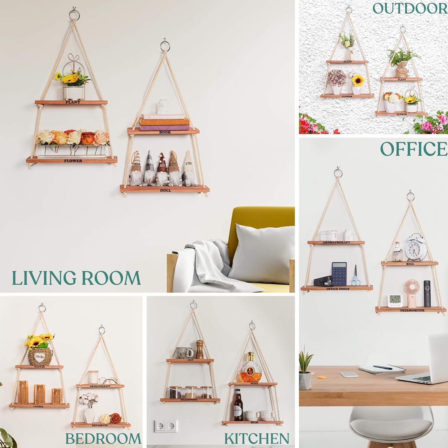 Estantes colgantes para pared, estante colgante para plantas, estantes bohemios de madera para decoración de dormitorio de otoño, estantes de cuerda