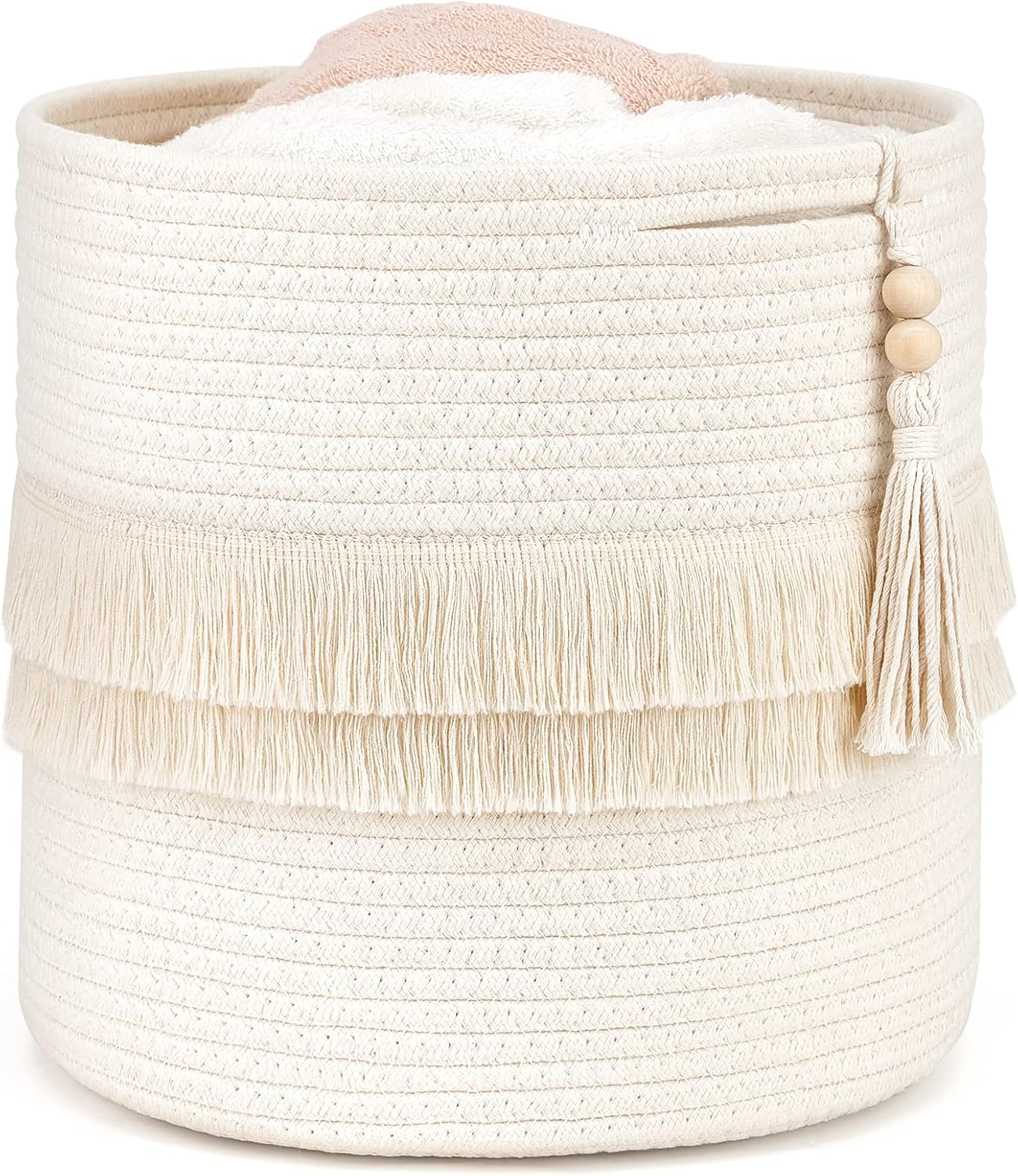 Dahey Cesta decorativa de macramé de cuerda de algodón, decoración bohemia para guardería, pequeña y bonita borla tejida con cuentas de madera para