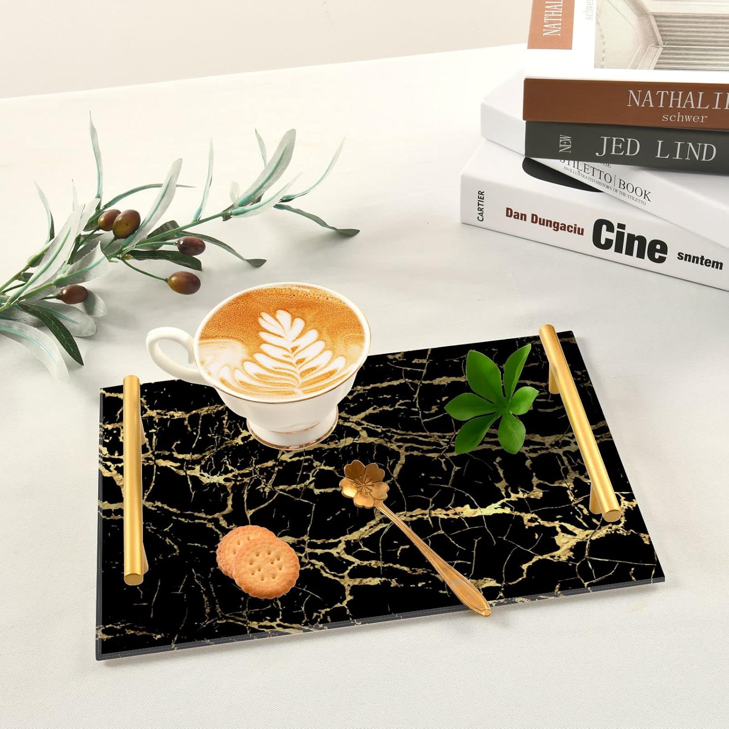 Bandeja de tocador de mármol negro dorado para mostrador de baño, bandeja rectangular de mármol, bandejas decorativas de cocina, bandejas de
