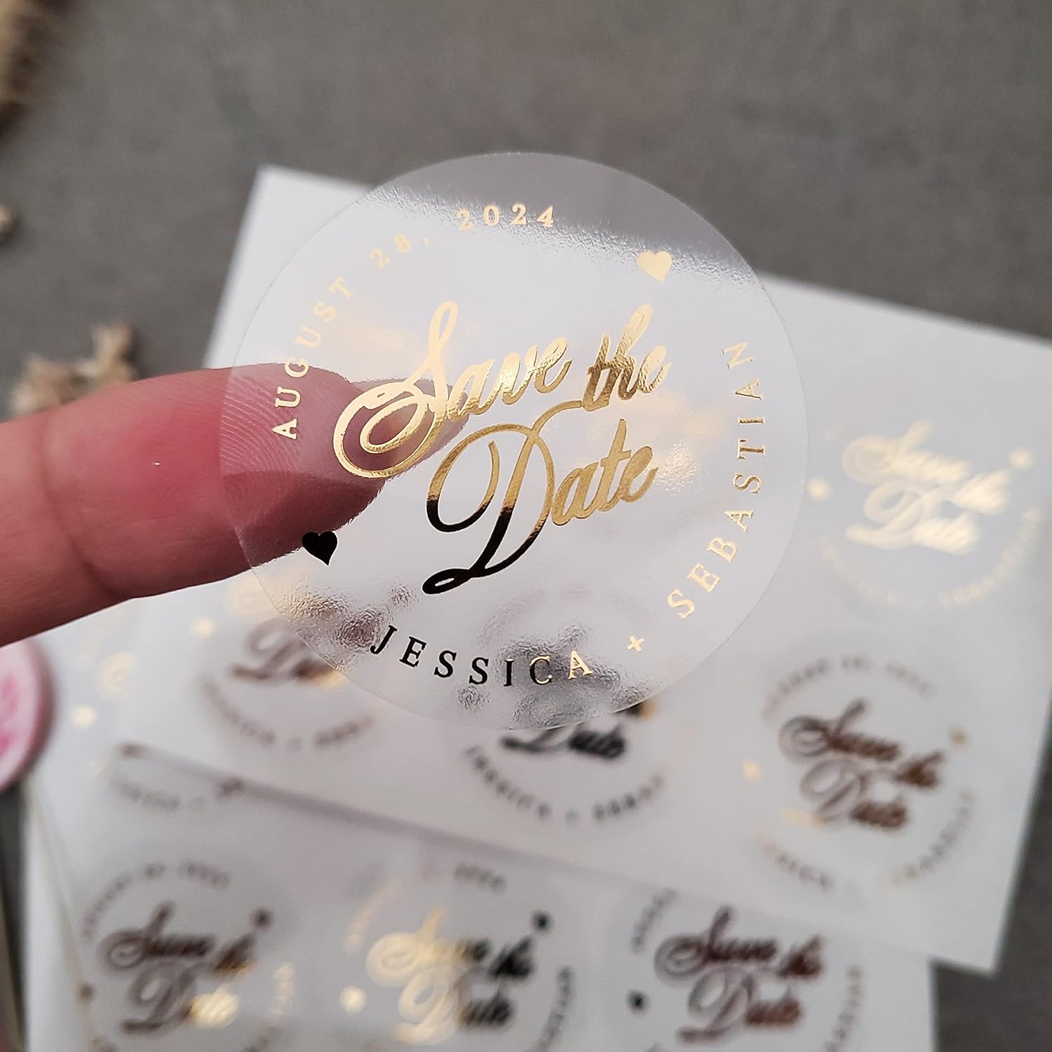 Calcomanías personalizadas para guardar la fecha, etiquetas de invitación de oro de boda, sellos de sobres personalizados, adhesivo transparente