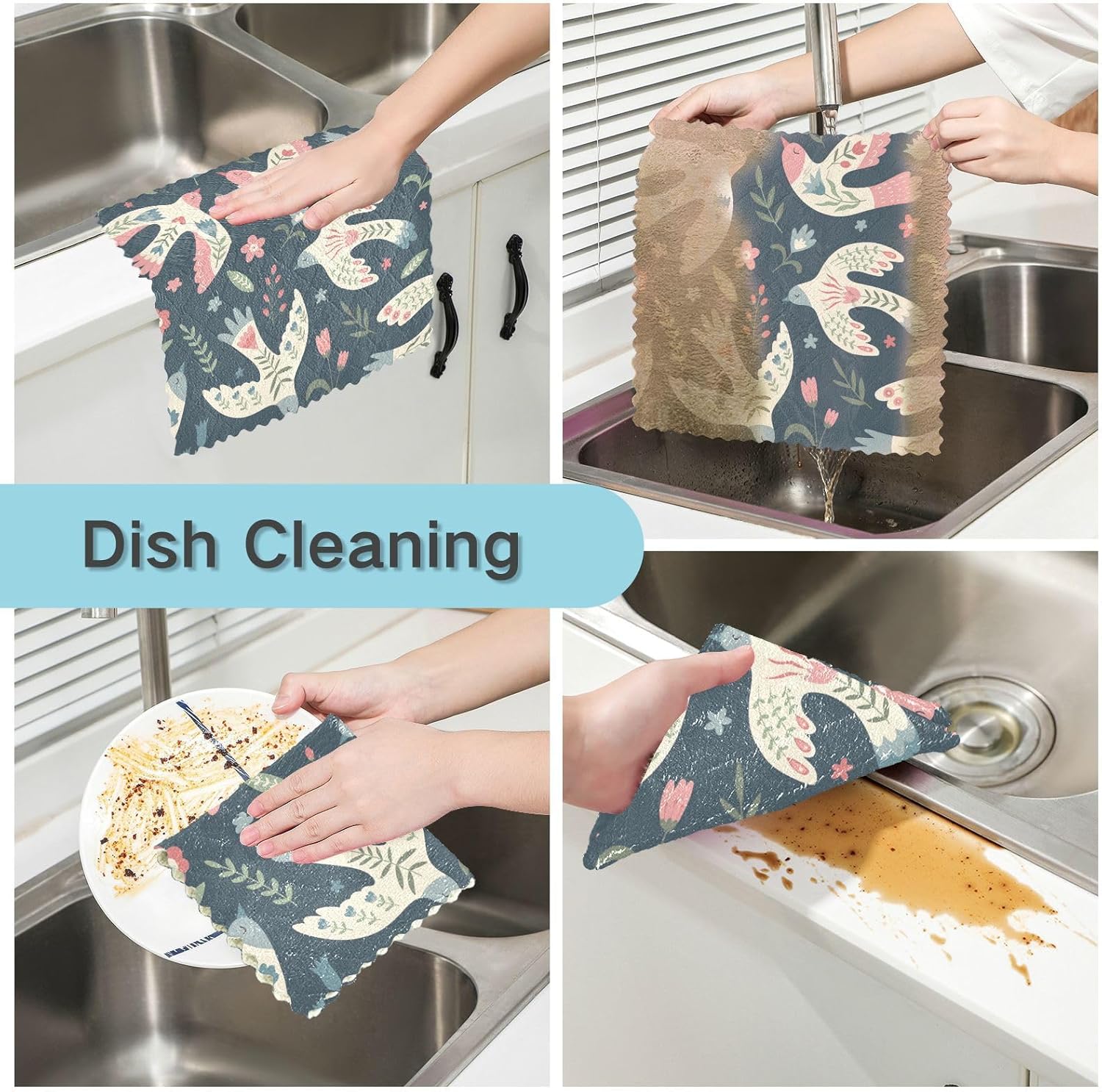 Birds Flowers Quality Print Microfiber Cleaning Cloths Quick Dry 6 Pack Microfiber Absorbant Towel for Bathroom Table