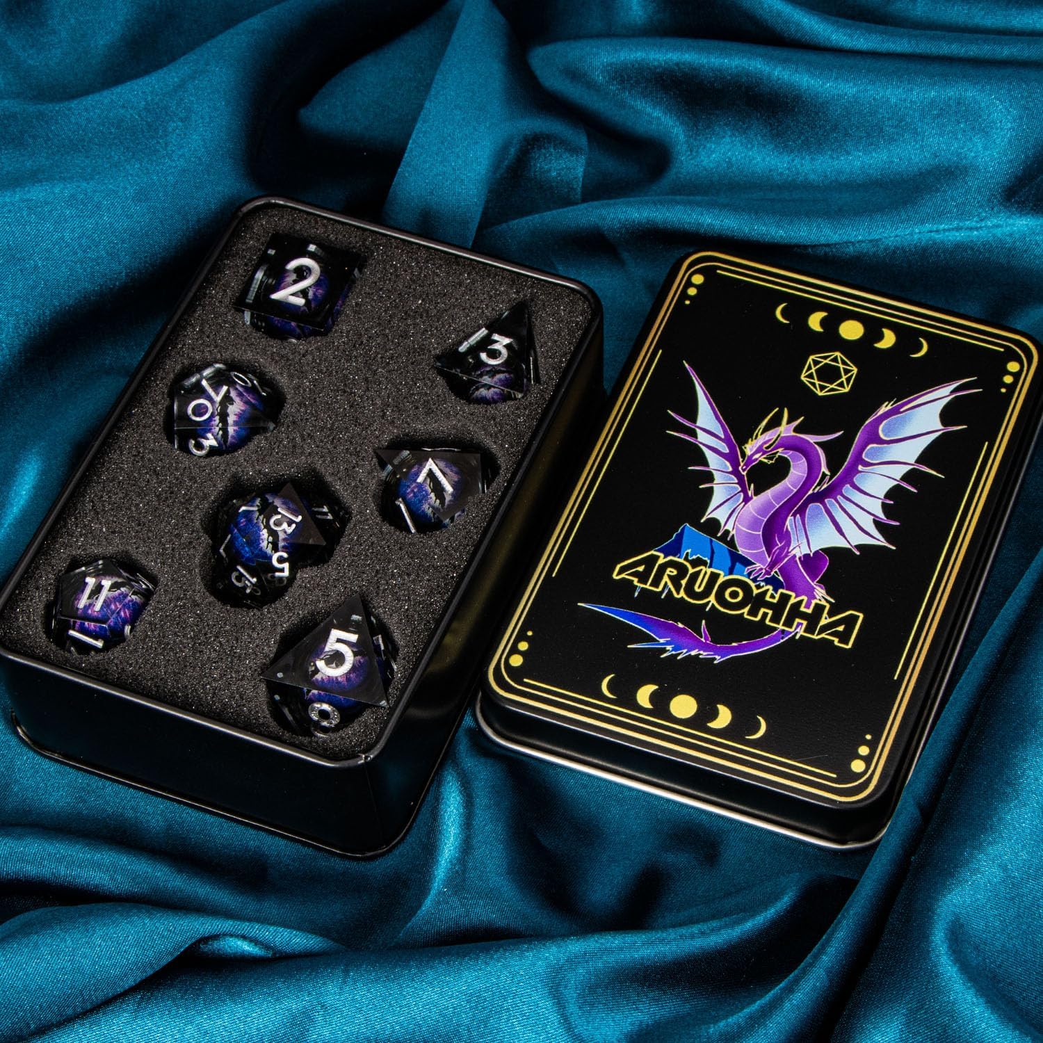 ARUOHHA DND – Juego de dados de resina de ojo de dragón con núcleo líquido, juego de dados de bordes afilados morados con caja de regalo, dados