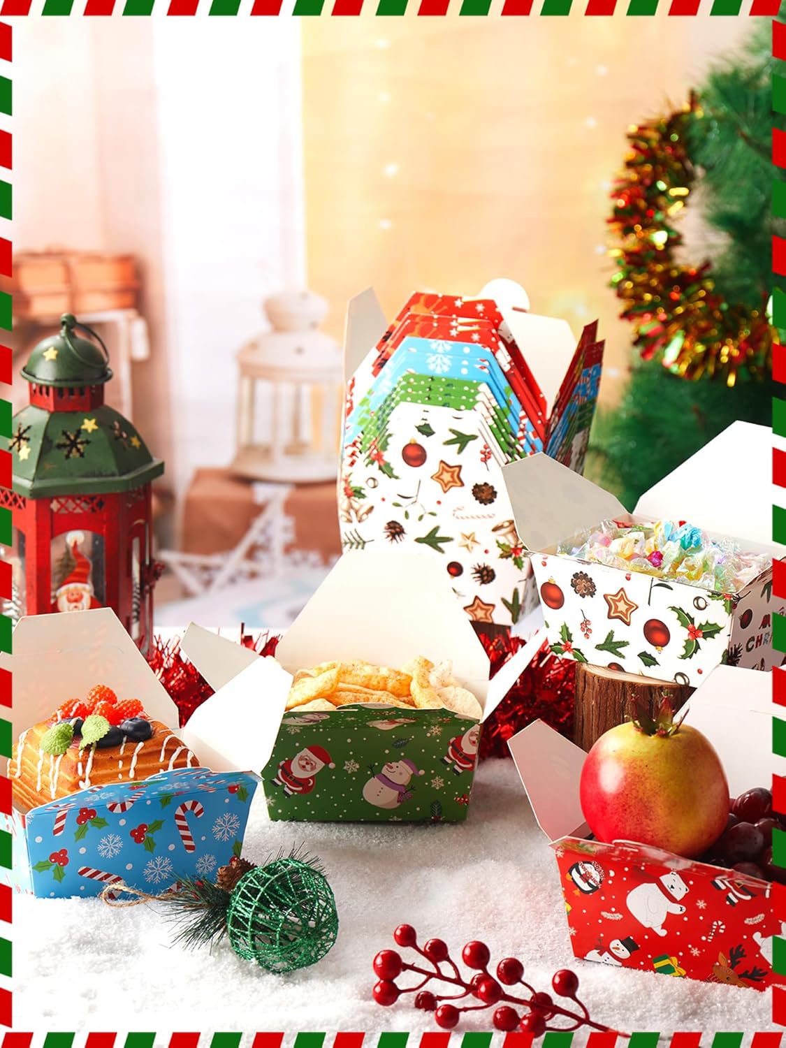 Paquete de 60 cajas de comida para llevar de Navidad de 2.56 x 4.65 x 3.54 pulgadas, cajas desechables de Navidad para llevar, cajas de regalo de