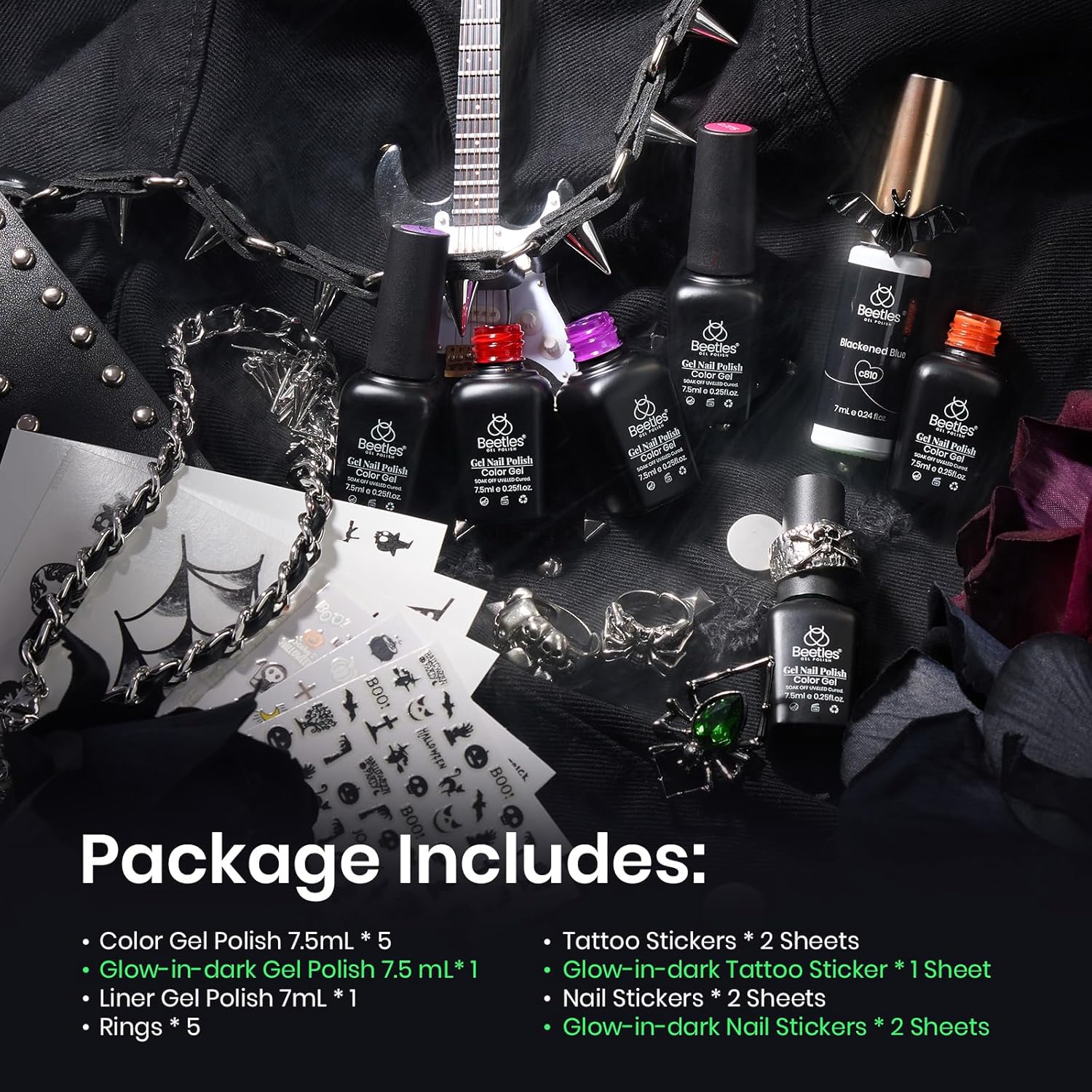 Beetles – Esmalte de uñas de gel de 6 colores, colección de hechizos de brujas con forro, calcomanías de uñas de gel y anillos brillantes, morado,