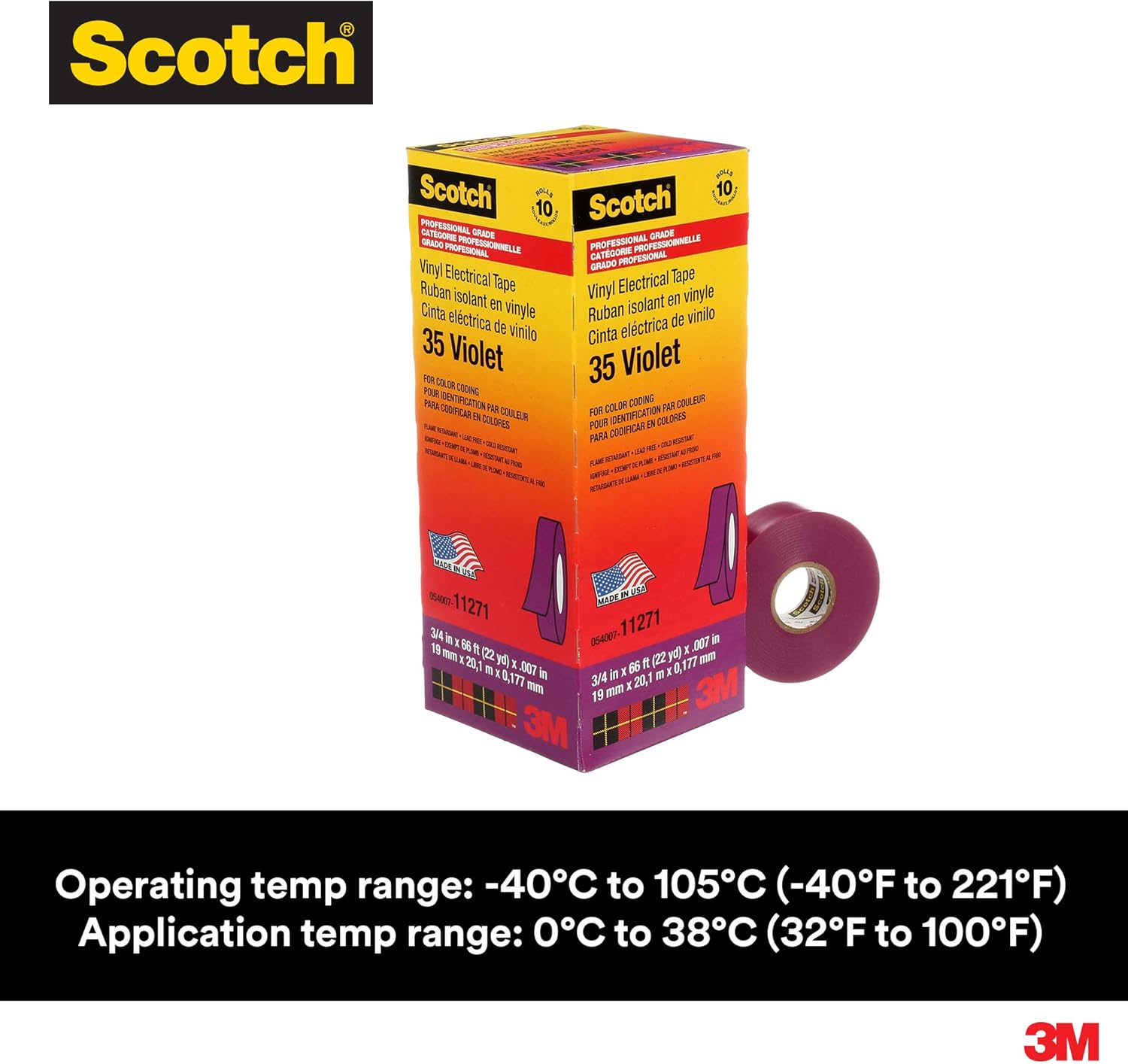 Scotch Cinta eléctrica de codificación de colores de vinilo 35, 34 in x 66 pies, violeta, 10 rolloscartón, 100 rolloscaja