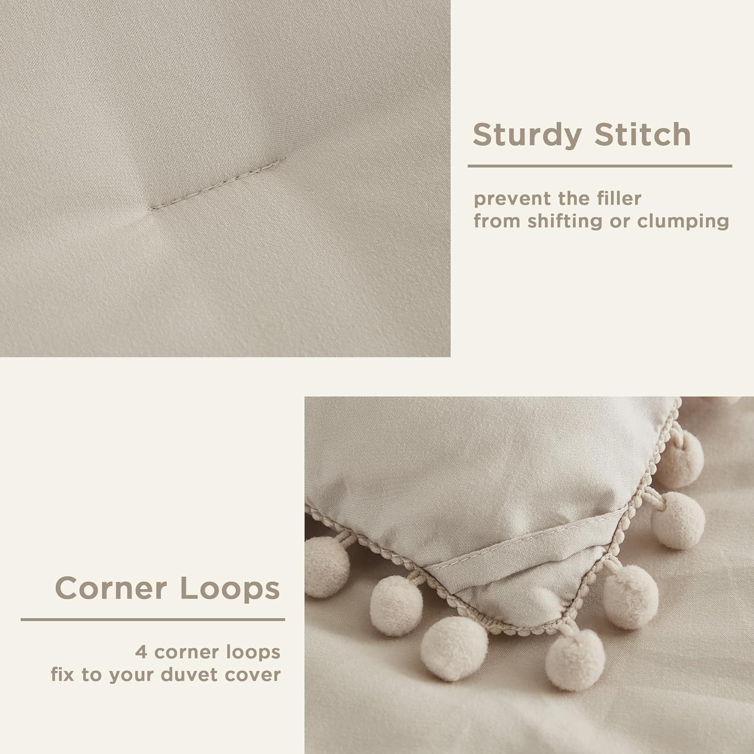 annadaif Juego de edredón beige tamaño Queen, edredón de 3 piezas con flecos de pompones, juego de ropa de cama de microfibra suave alternativa para