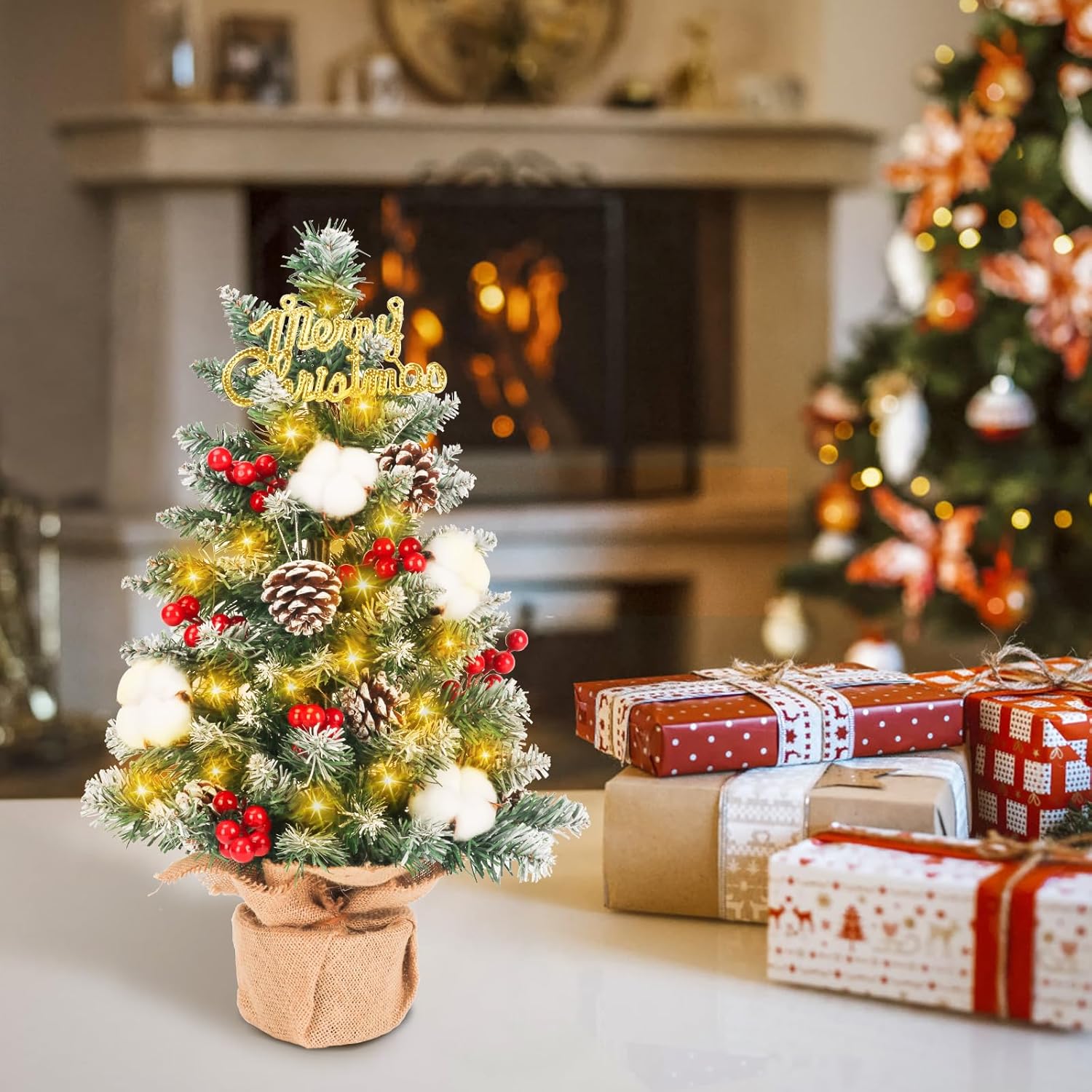 Mini árbol de Navidad artificial, de 21 pulgadas, pequeño árbol de Navidad flocado de nieve con adornos colgantes para vacaciones, interiores,