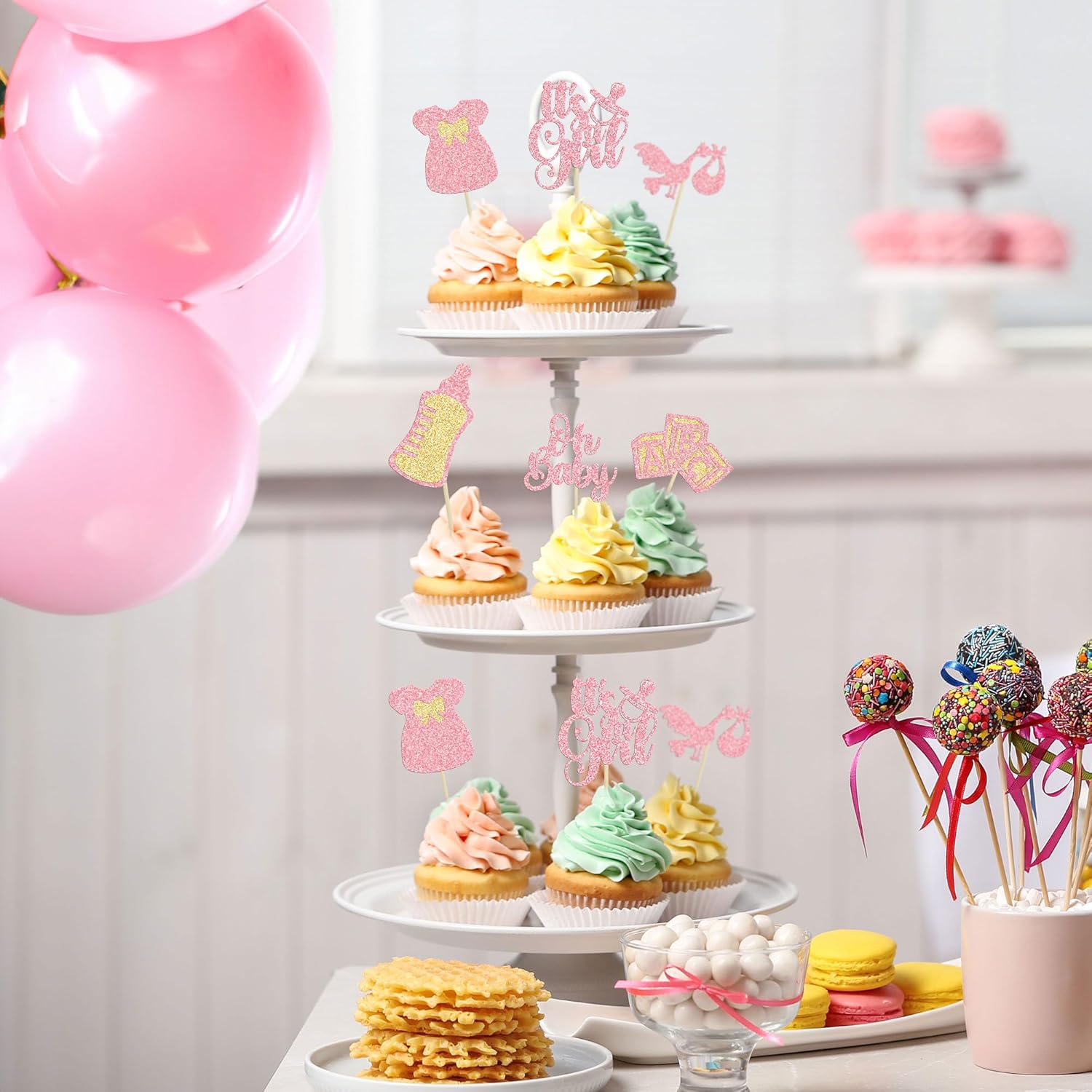 Gyufise 24 adornos para cupcakes Oh Baby Glitter It’s a Girl Cupcake Picks Bow Dress Baby Shower Baby Shower Cake Decor para revelación de género