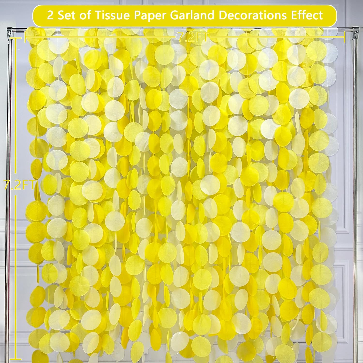 Decoraciones de fiesta amarillas de 192 pies, color amarillo degradado, blanco, telón de fondo de lunares grandes, serpentina, papel de seda