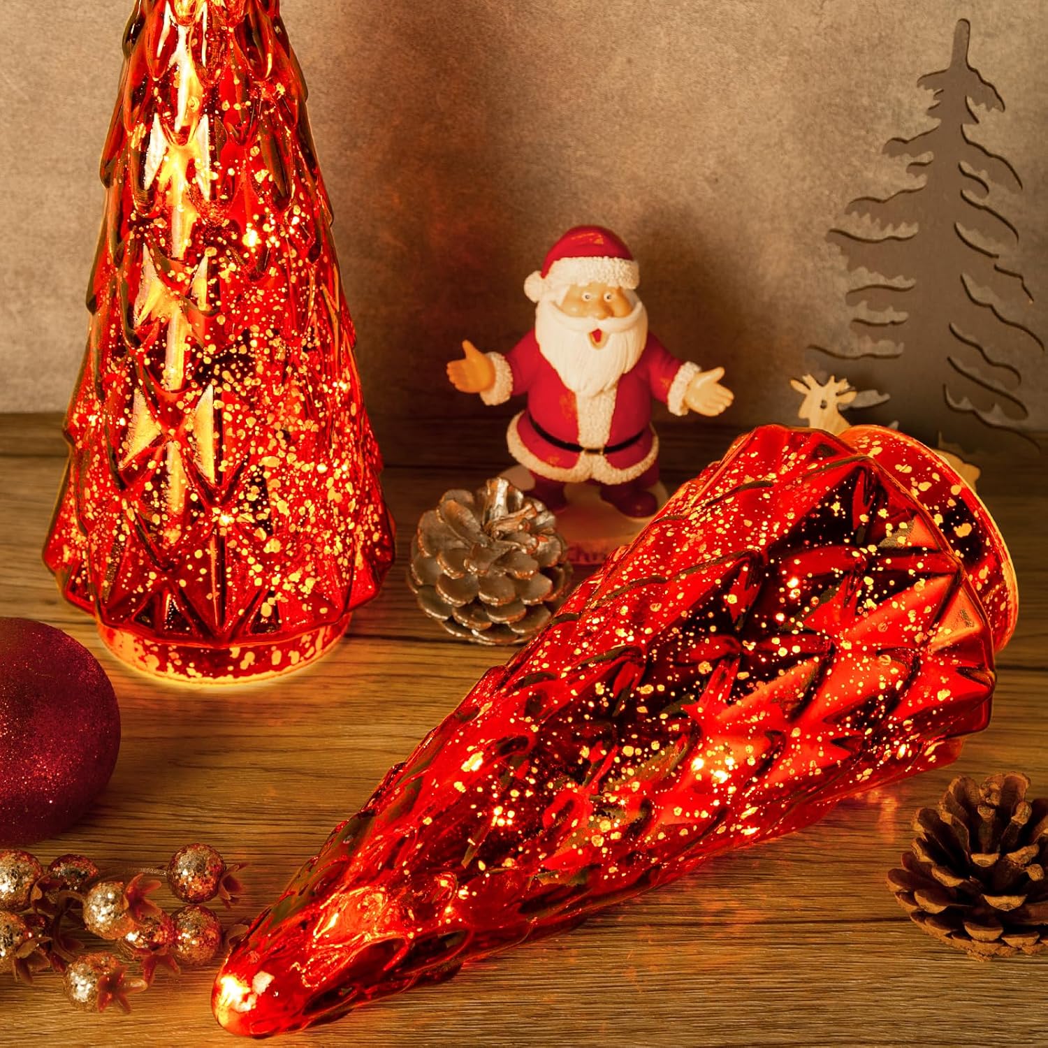 Árbol de Navidad de vidrio de mercurio, paquete de 2 decoraciones iluminadas para árbol de Navidad, centro de mesa de vacaciones, funciona con pilas