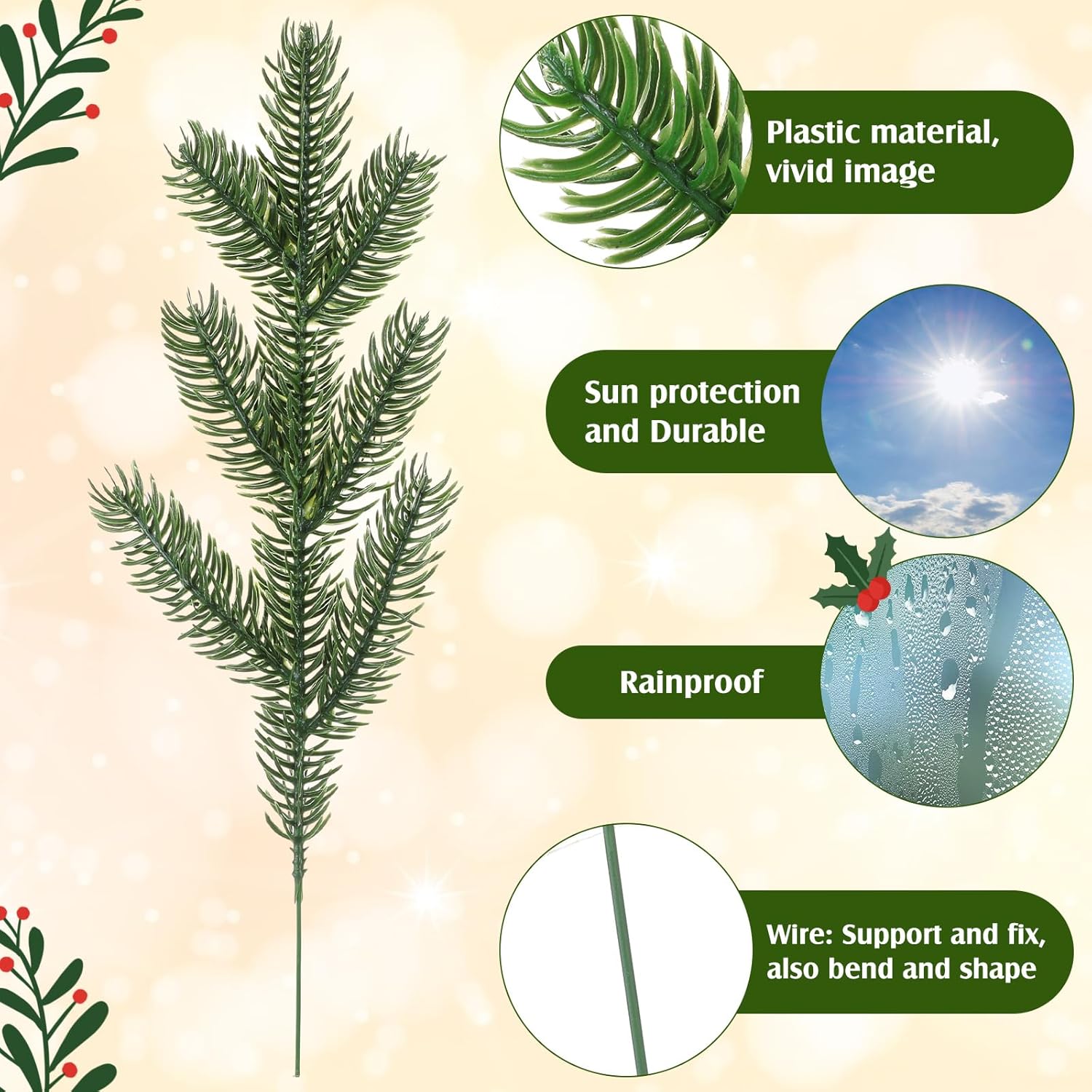 200 agujas de pino artificiales de Navidad, ramas, guirnalda de plantas verdes, agujas de pino, ramas decorativas de Navidad, decoración de pino,