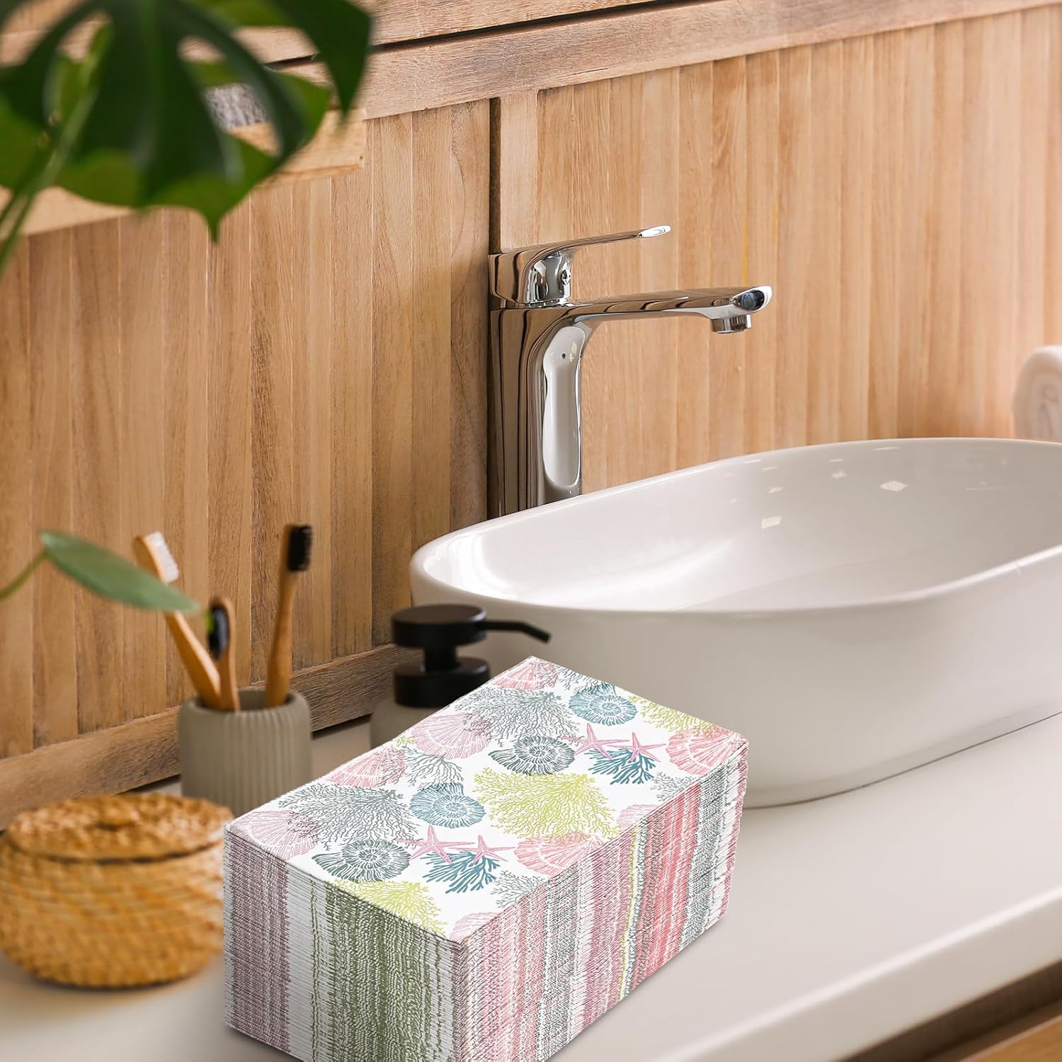 AnyDesign 100 servilletas de papel desechables para invitados de verano, diseño de estrella de mar, conchas y corales, para el hogar, cocina, baño,