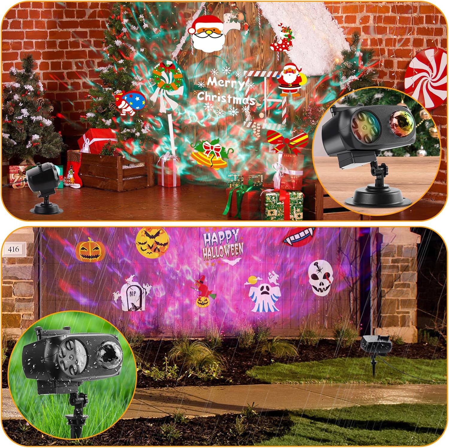 Proyector de luces de Navidad de Halloween para exteriores, 14 diapositivas HD (ondas oceánicas 3D + patrones), luces de paisaje, impermeables, para