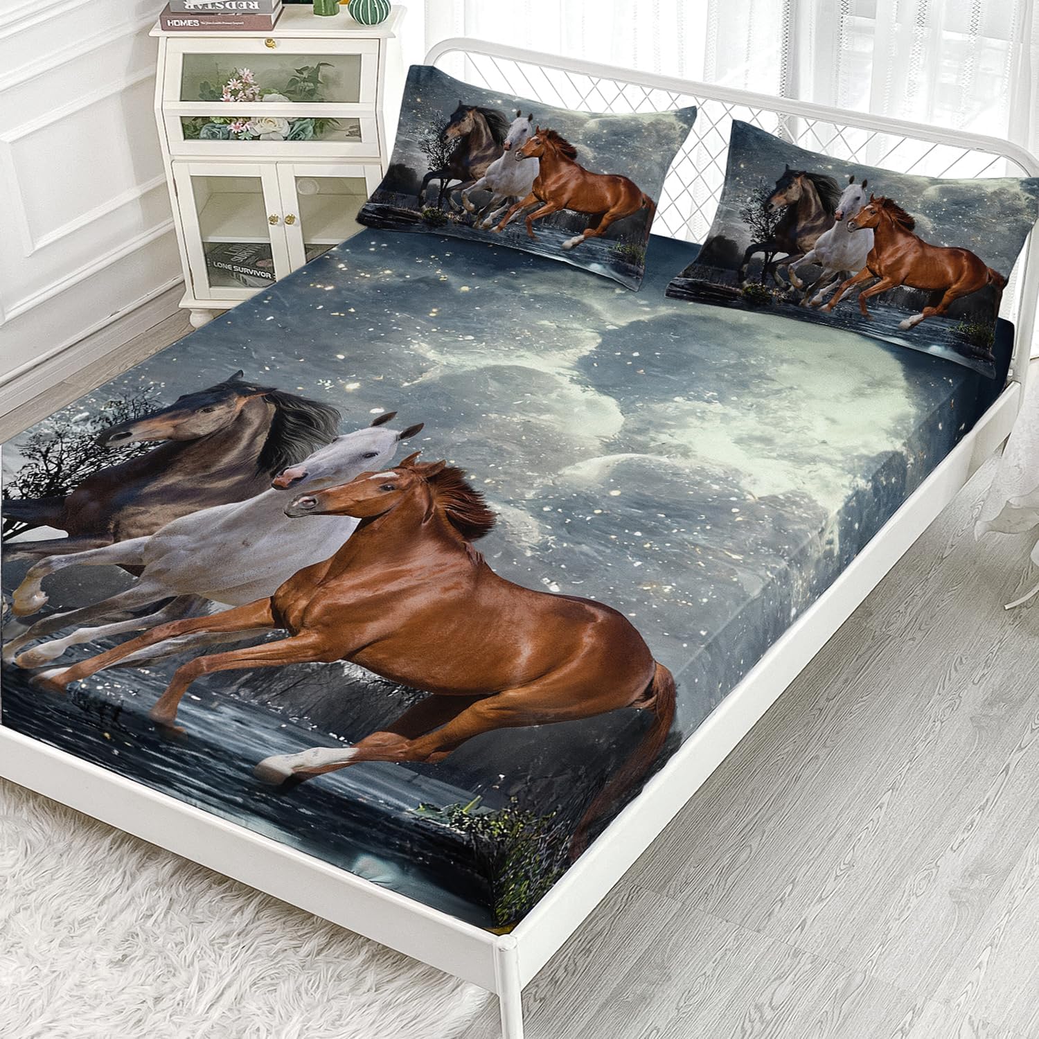 AILONEN Juego de ropa de cama tamaño individual, diseño de caballos al galope con temática de vida silvestre para niños y adultos, decoración de