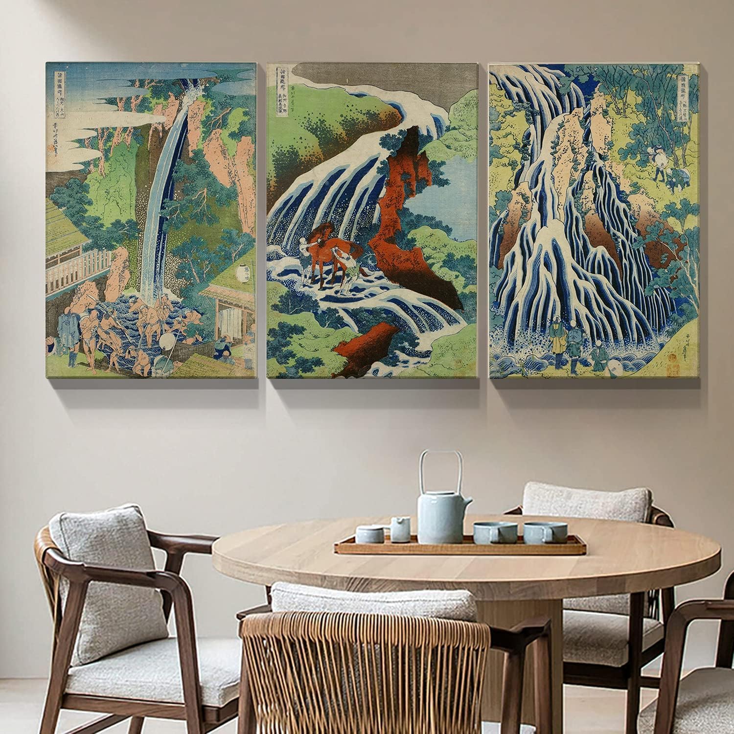 Dimpoli Lienzo de pintura japonesa para decoración de pared, 3 piezas, 24 x 36 pulgadas, Katsushika Hokusai, paisaje, montañas, figuras, cascadas,